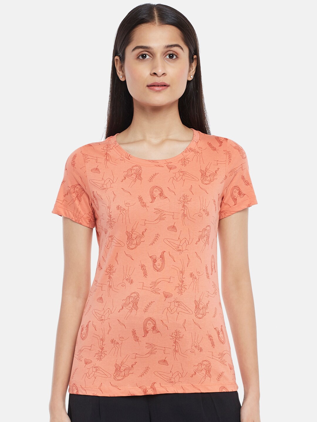 

Honey by Pantaloons Women Rust & shrimp Floral Printed T-shirt