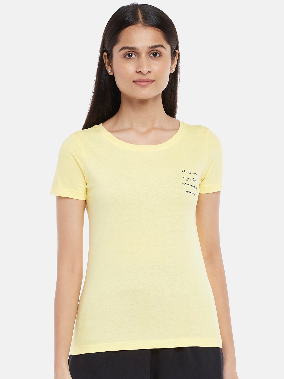 

Honey by Pantaloons Women Yellow & almond oil Typography T-shirt