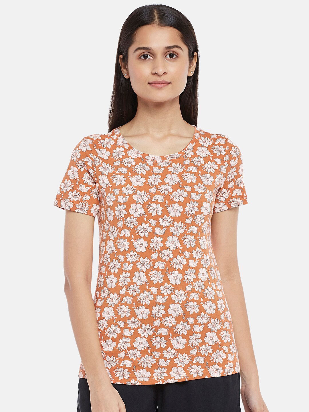 

Honey by Pantaloons Women Rust & rosewater Floral Printed T-shirt