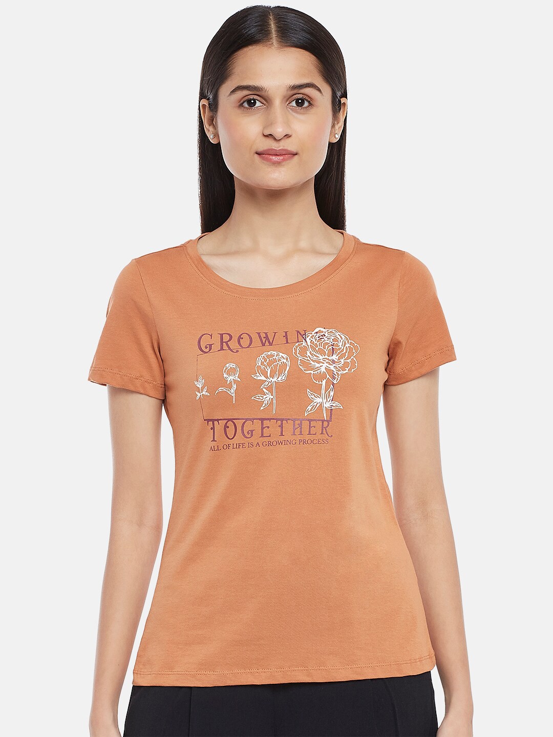 

Honey by Pantaloons Women Brown & antique brass Typography Printed T-shirt