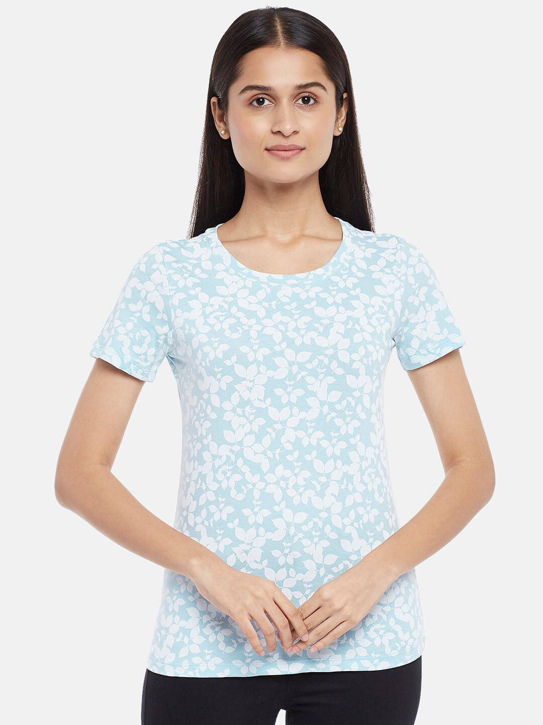 

Honey by Pantaloons Women Blue Floral Printed Tropical Raw Edge T-shirt