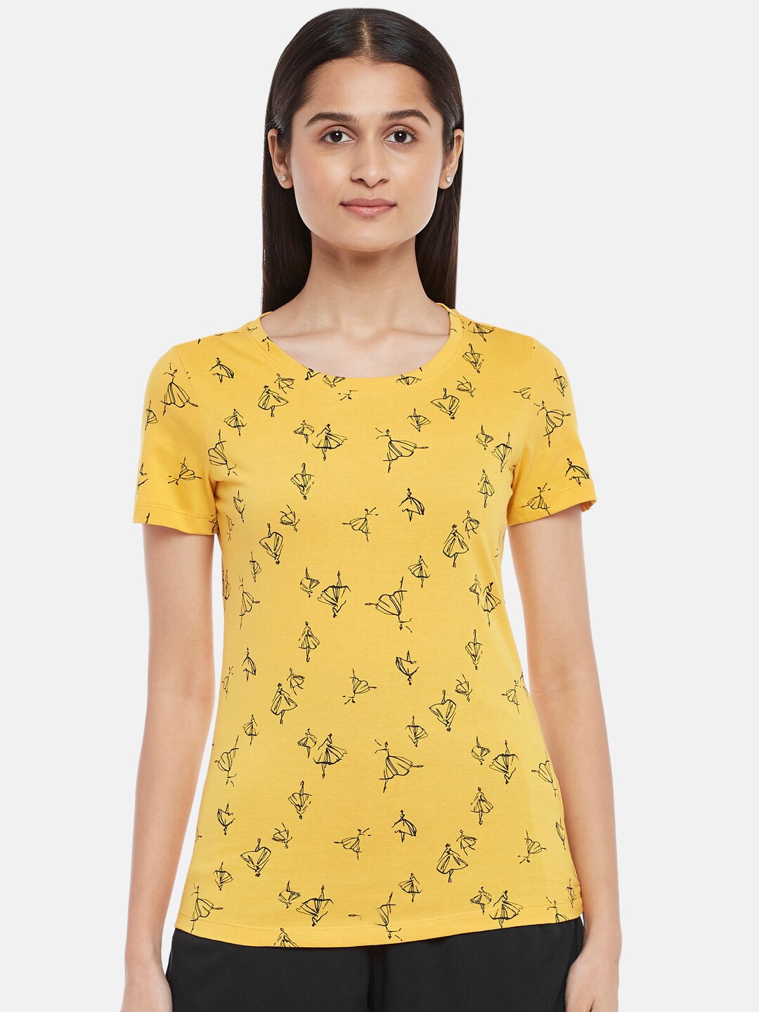 

Honey by Pantaloons Women Mustard Yellow & buff yellow Printed T-shirt