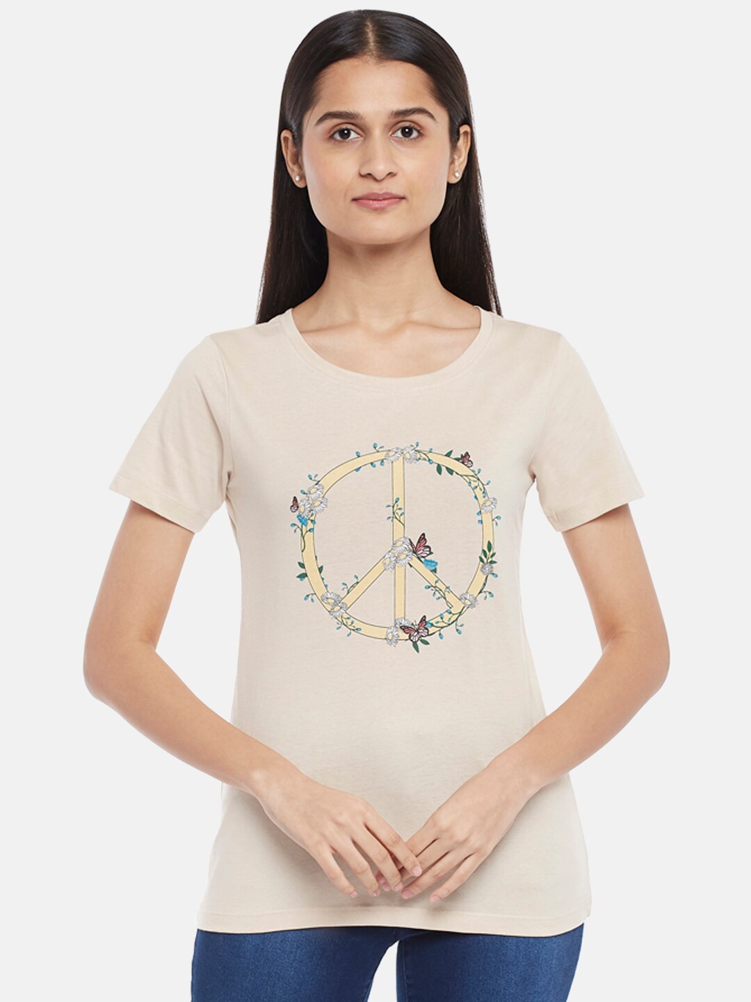 

Honey by Pantaloons Women Beige & shell Typography Printed T-shirt