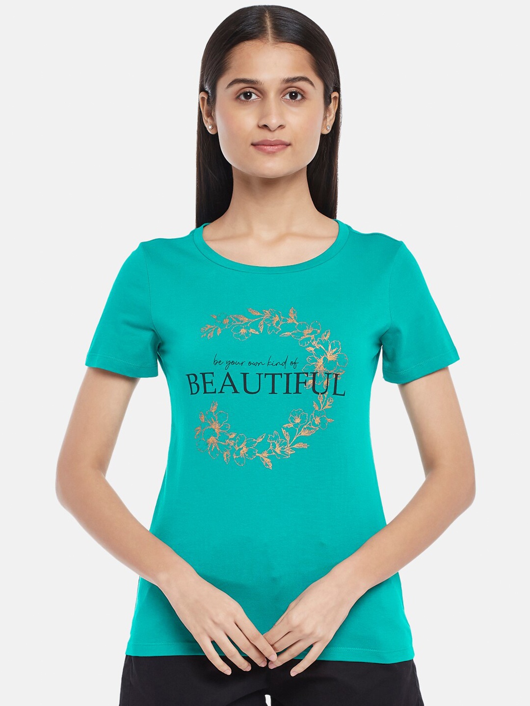 

Honey by Pantaloons Women Teal Typography Printed T-shirt