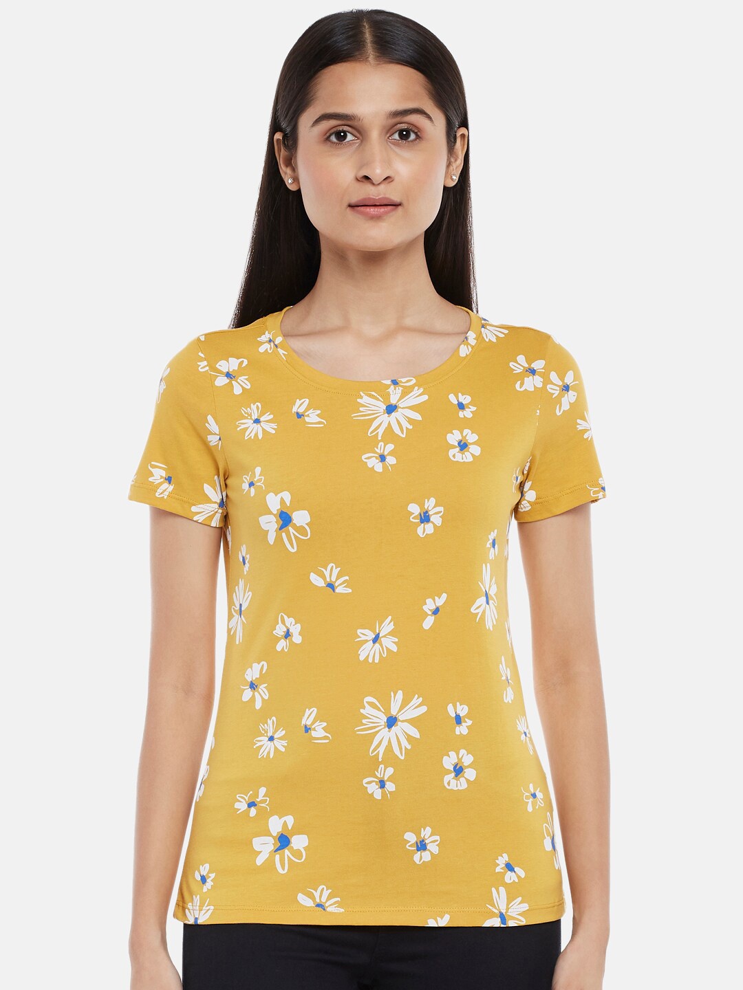 

Honey by Pantaloons Women Mustard Yellow & lanzones Floral Printed T-shirt