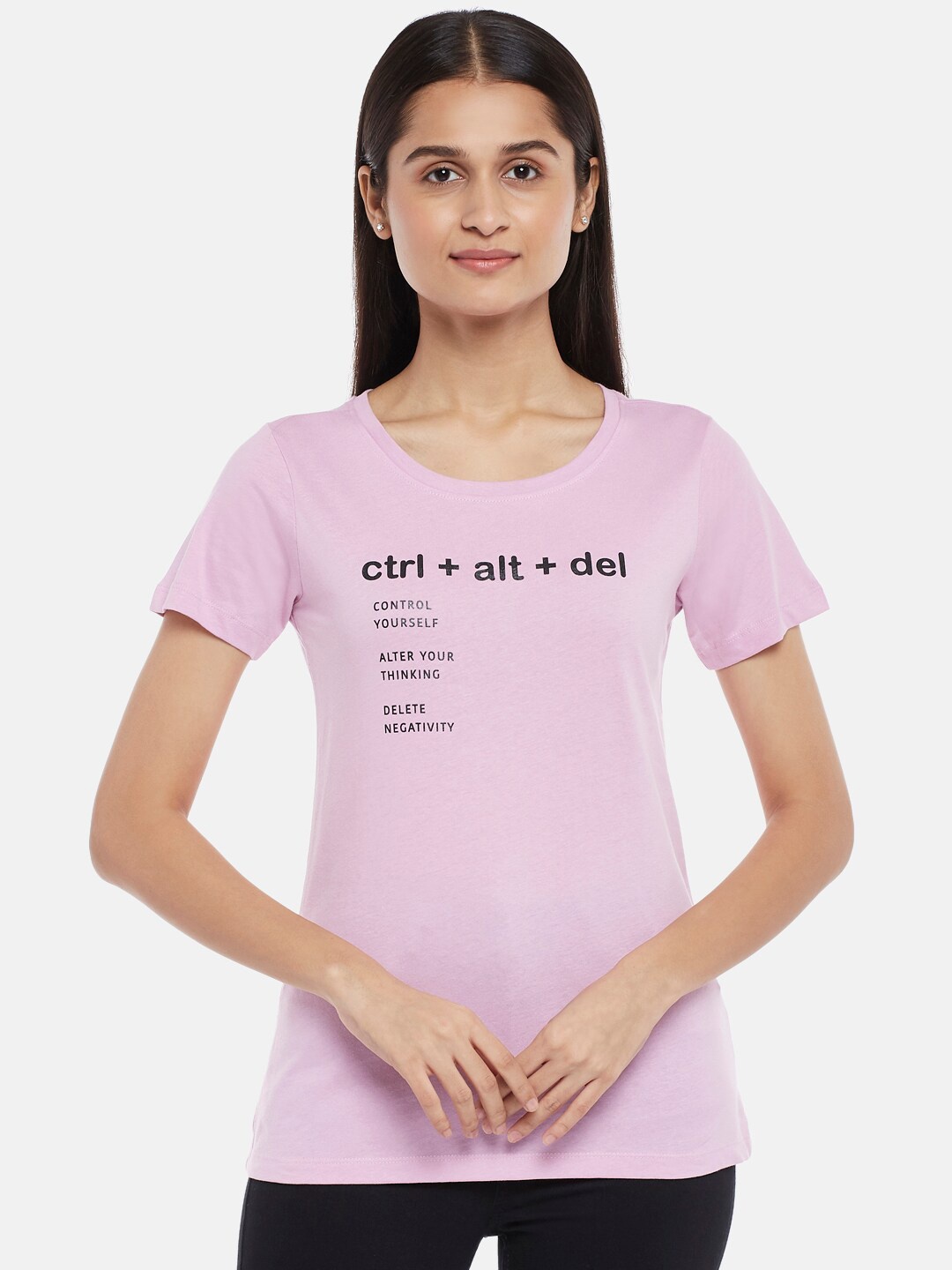 

Honey by Pantaloons Women Lavender & lilac snow Typography Printed T-shirt