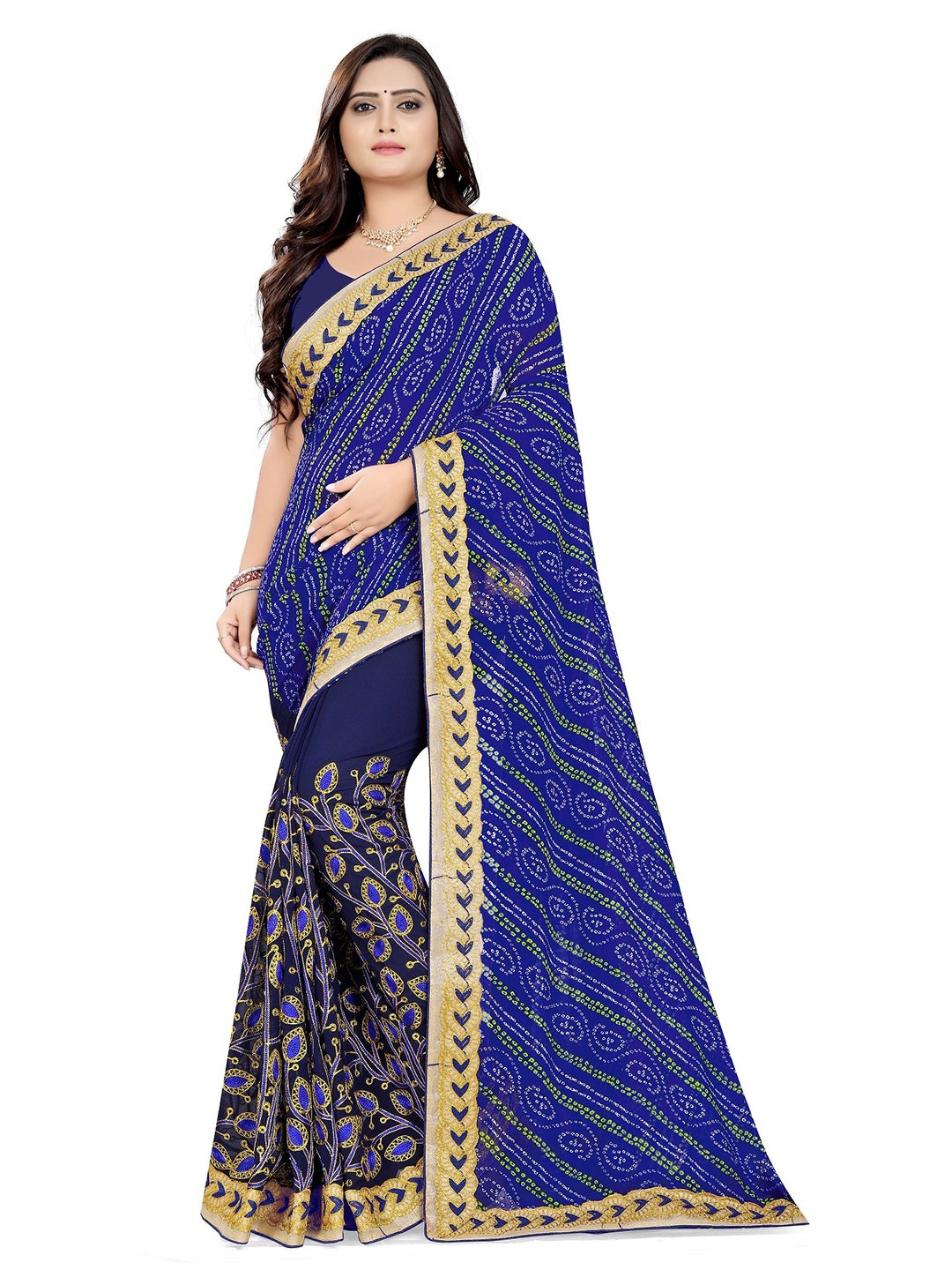 

KALINI Blue & Gold-Toned Bandhani Embroidered Pure Georgette Half and Half Bandhani Saree