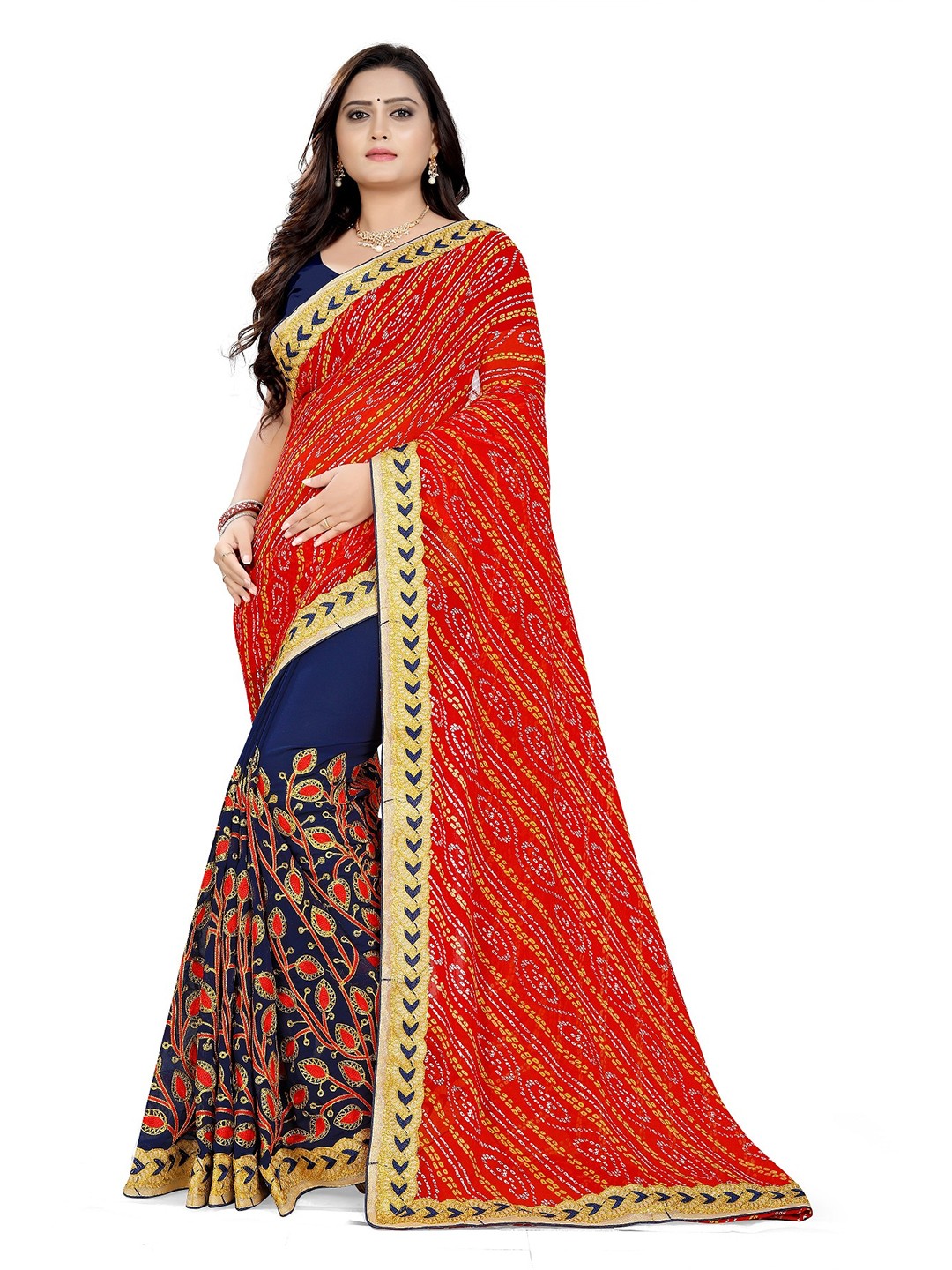 

KALINI Red & Navy Blue Bandhani Embroidered Pure Georgette Half and Half Bandhani Saree