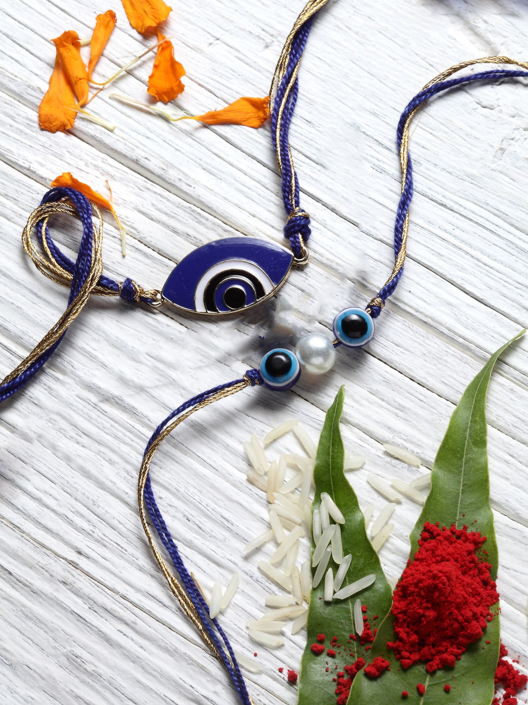 

DUGRISTYLE Pack Of 2 Blue & White Evil Eye Rakhi With Roli & Chawal