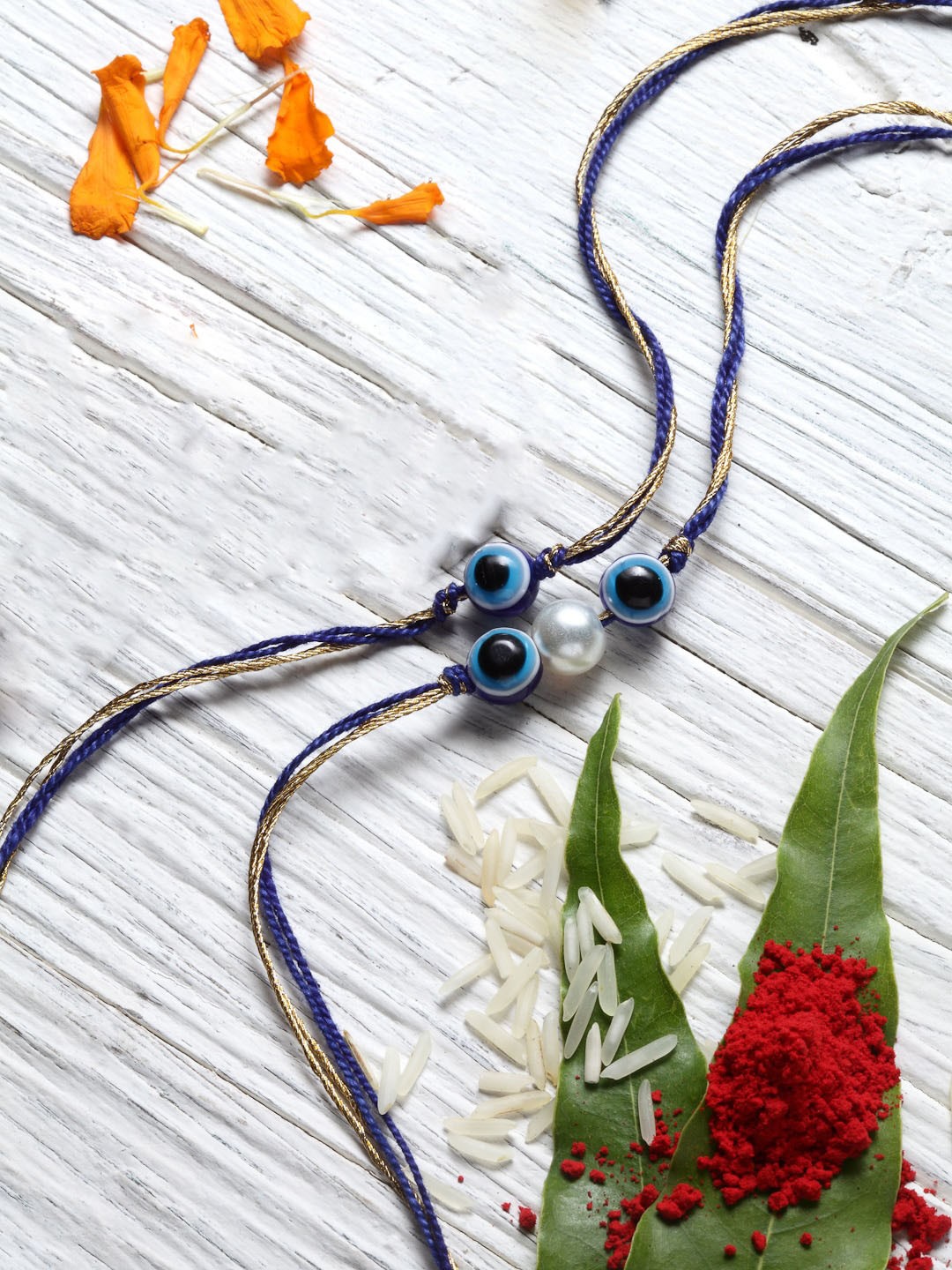 

DUGRISTYLE Pack of 3 Multicoloured Rakhi with Roli Chawal Set, Blue