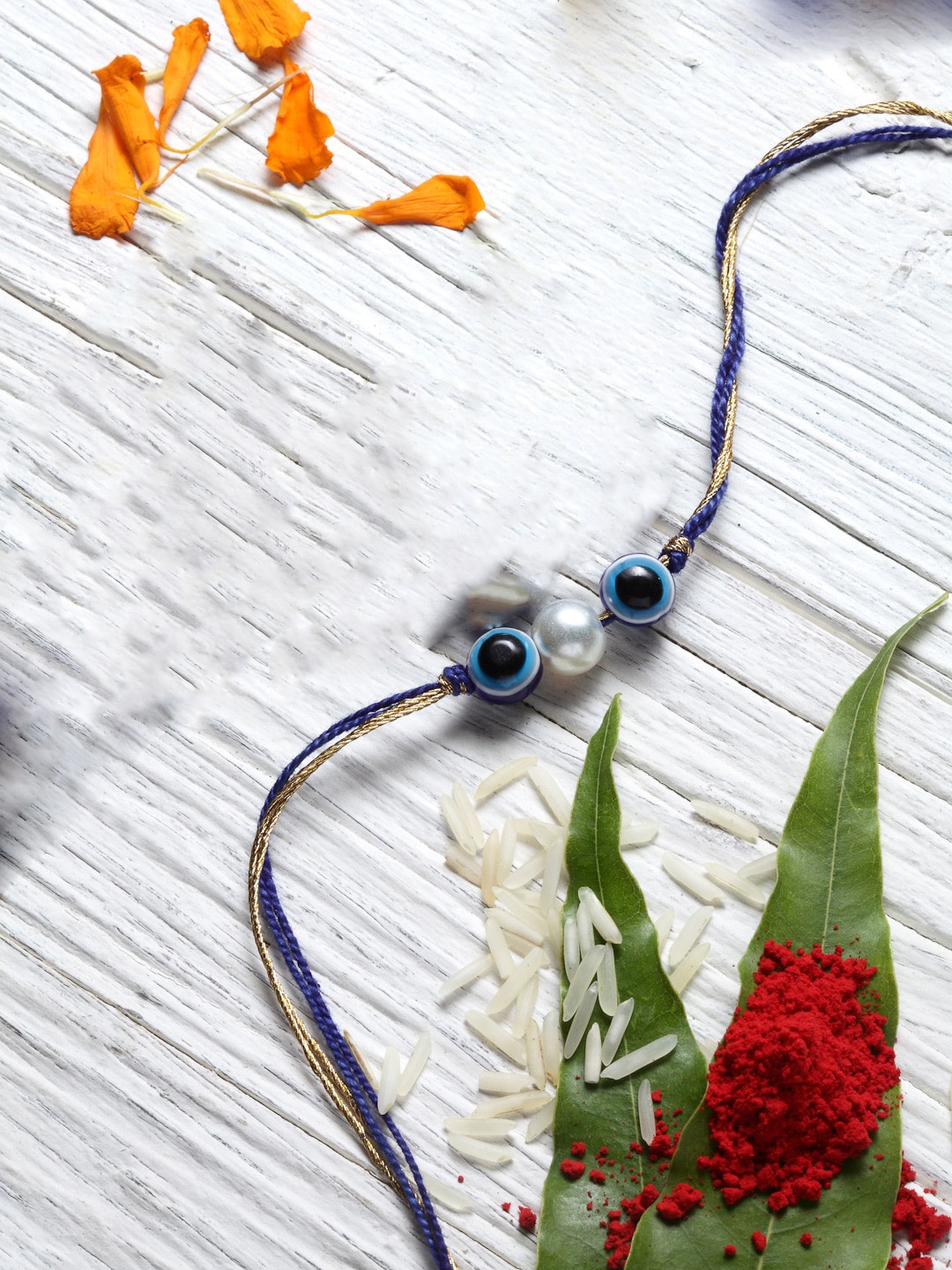 

DUGRISTYLE Blue & White Evil Eye Rakhi with Roli Chawal