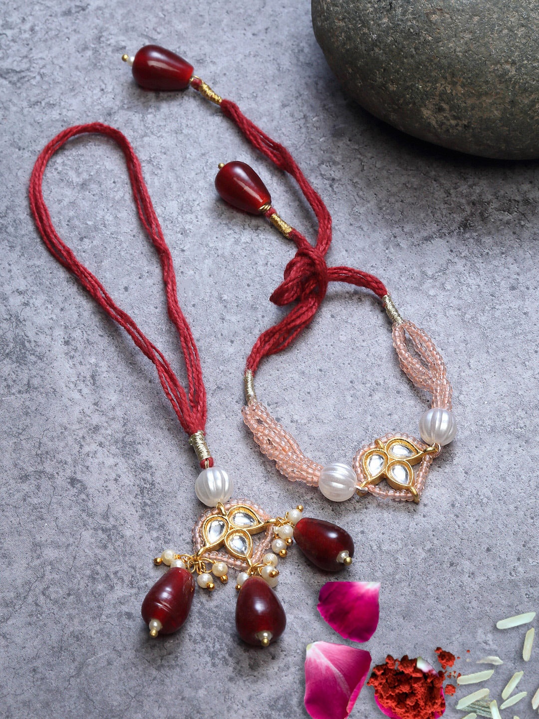

DUGRISTYLE Red & Peach Kundan Bahiya Bhabhi Rakhi with Roli and Chawal