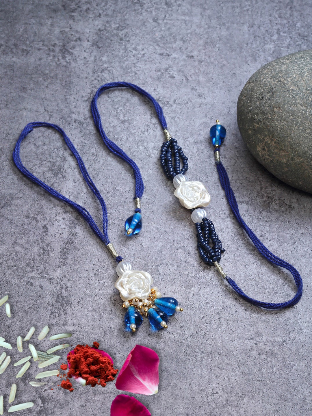 

DUGRISTYLE Set of 2 Blue & White Kundan Bhaiya Bhabhi Rakhi with Roli Chawal