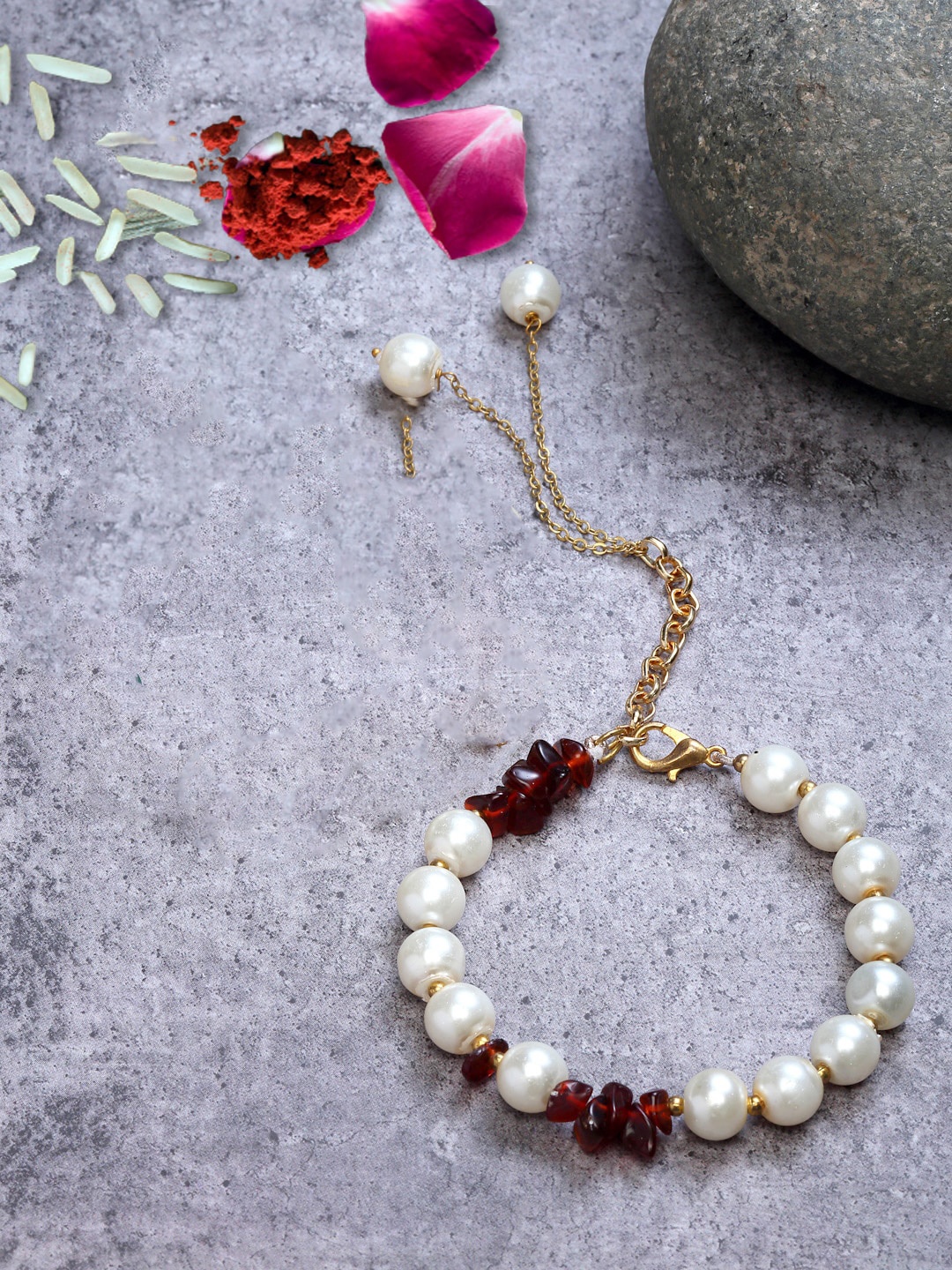 

DUGRISTYLE Red & White Gold Plated Pearl Beaded Bahiya Rakhi