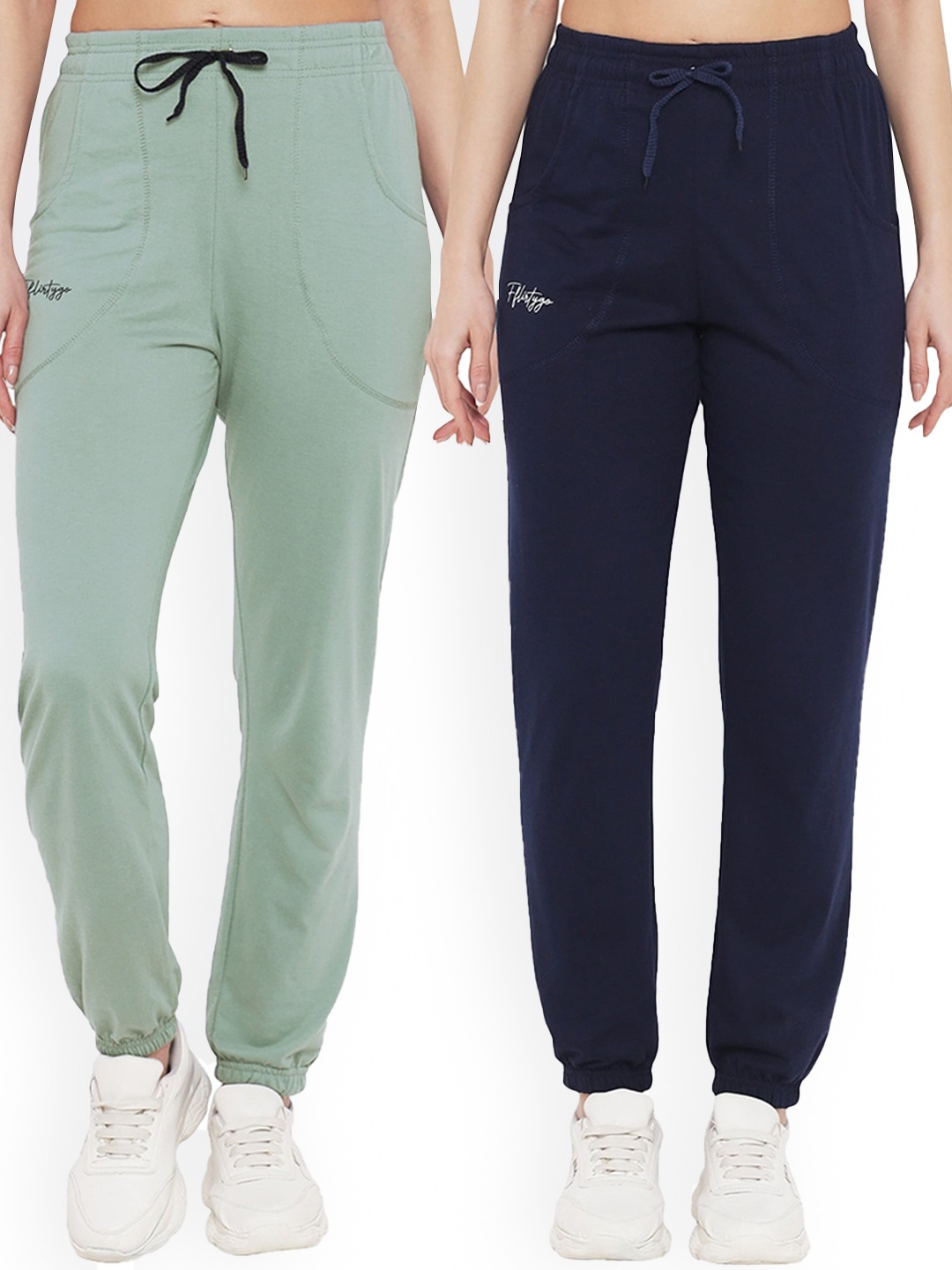 

FFLIRTYGO Women Pack Of 2 Solid Cotton Joggers, Navy blue