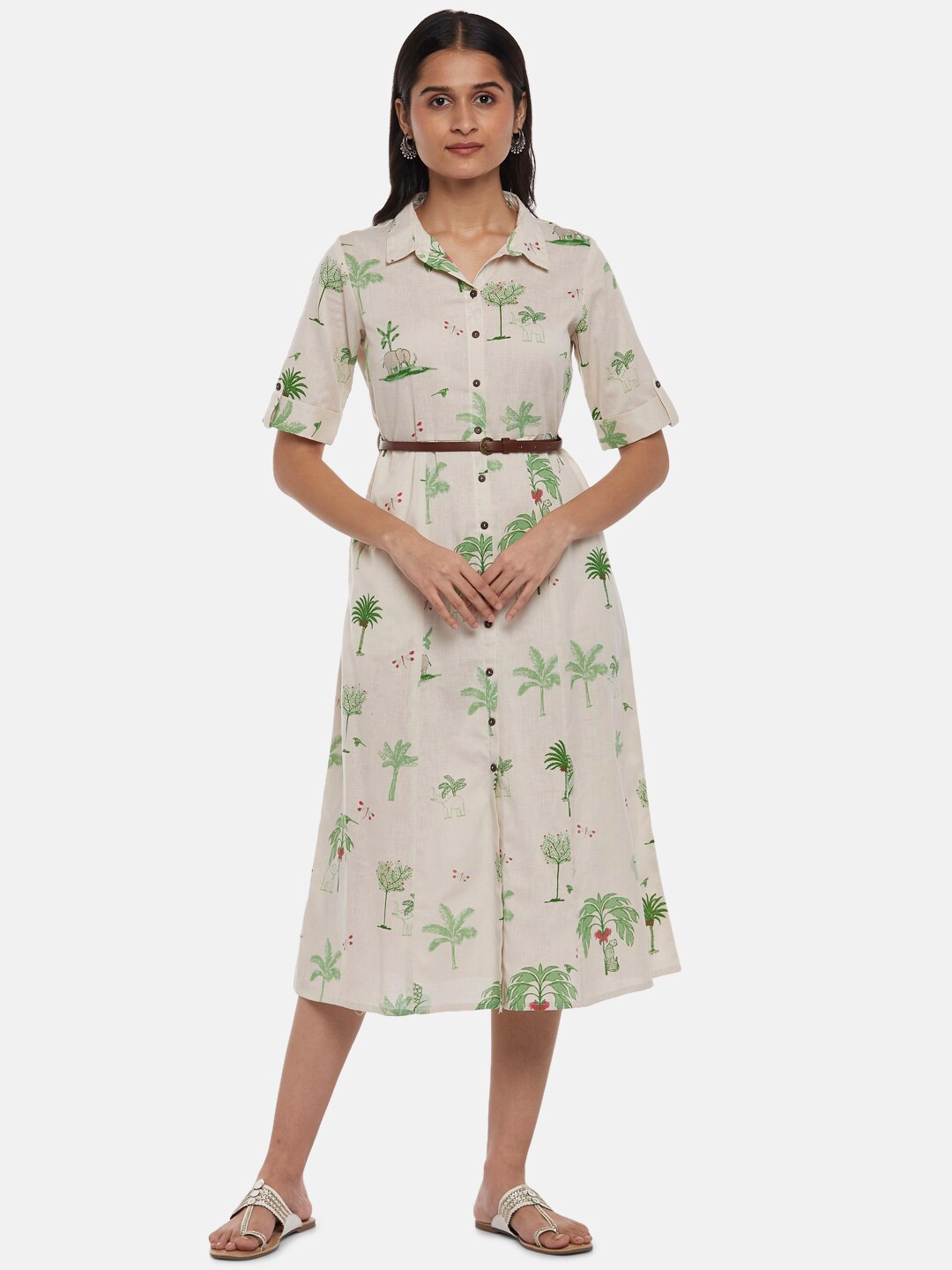 

AKKRITI BY PANTALOONS Off White & rainy day Floral Shirt Midi Dress