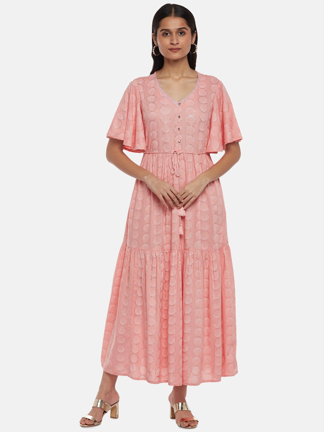 

AKKRITI BY PANTALOONS Peach-Coloured & mellow rose Checked Ethnic Maxi Dress