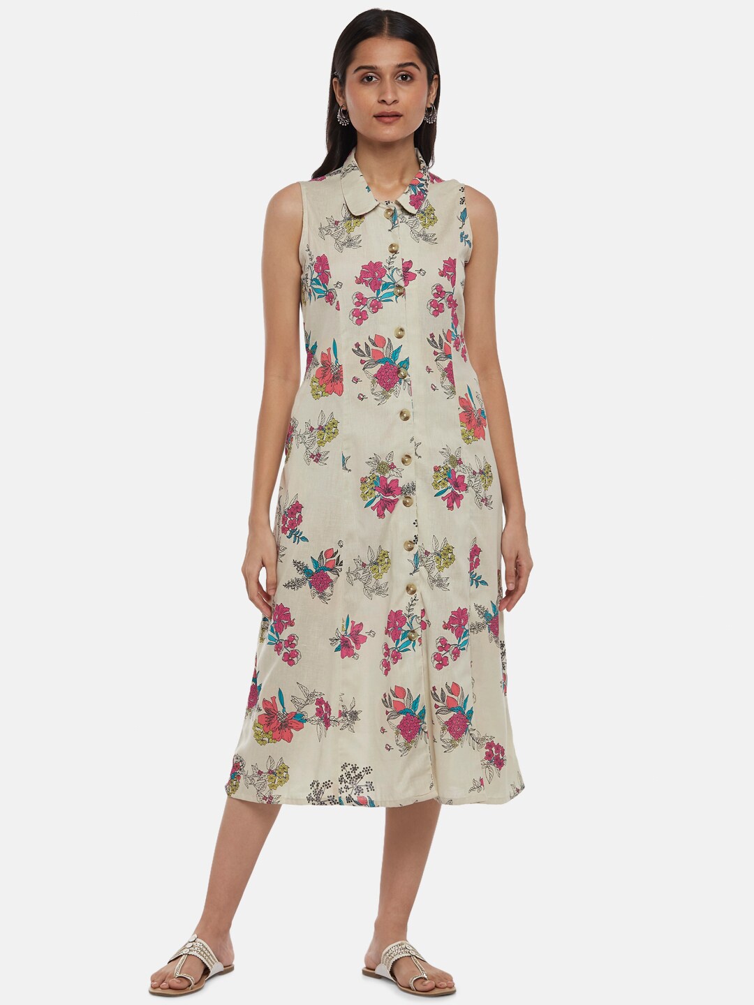

AKKRITI BY PANTALOONS Off White & hushed violet Floral A-Line Midi Dress