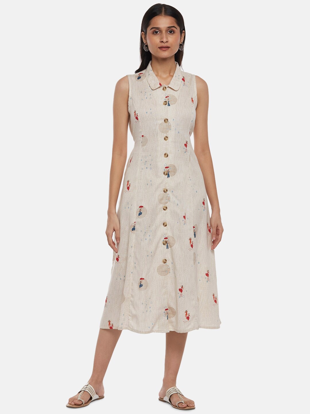 

AKKRITI BY PANTALOONS Off White & wind chime Floral Shirt Midi Dress