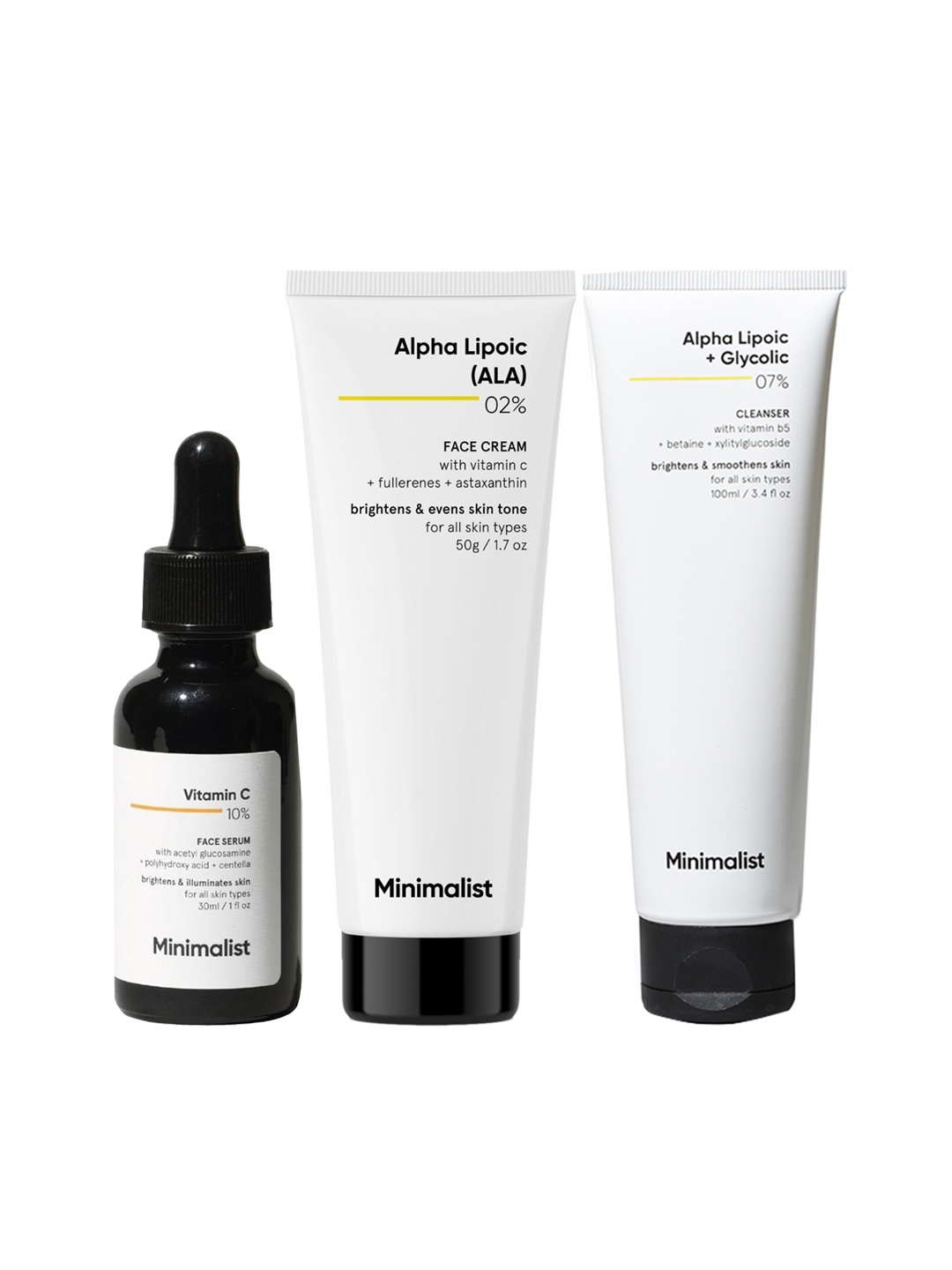 

Minimalist Vitamin C 10% Face Serum 30 ml + Face Cream 50 g + ALA Face Cleanser 100 ml, Black