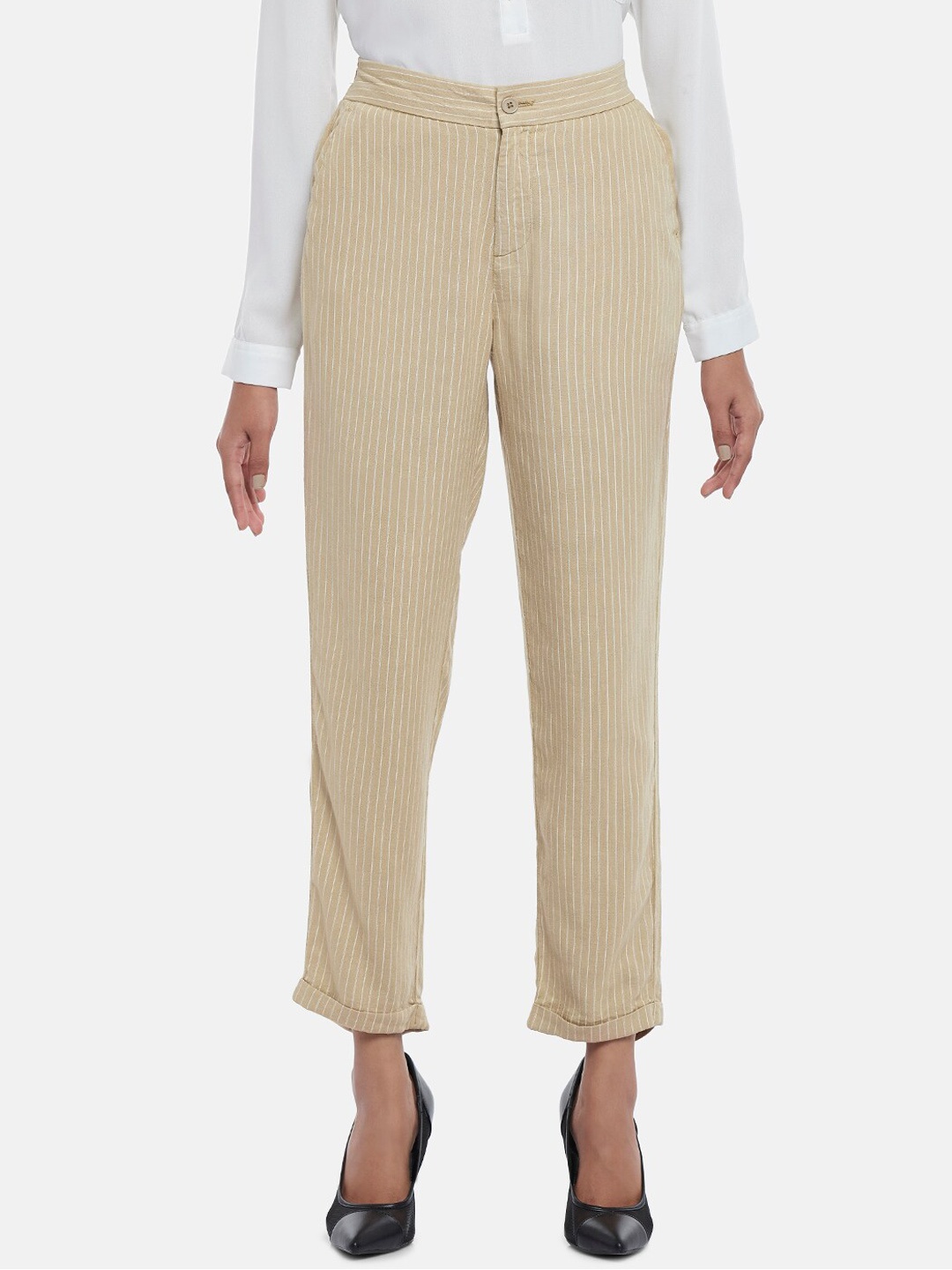 

Annabelle by Pantaloons Women Beige Striped Trousers