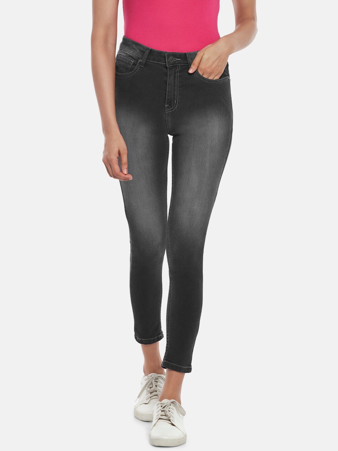 

People Women Black Slim Fit Low Distress Light Fade Jeans
