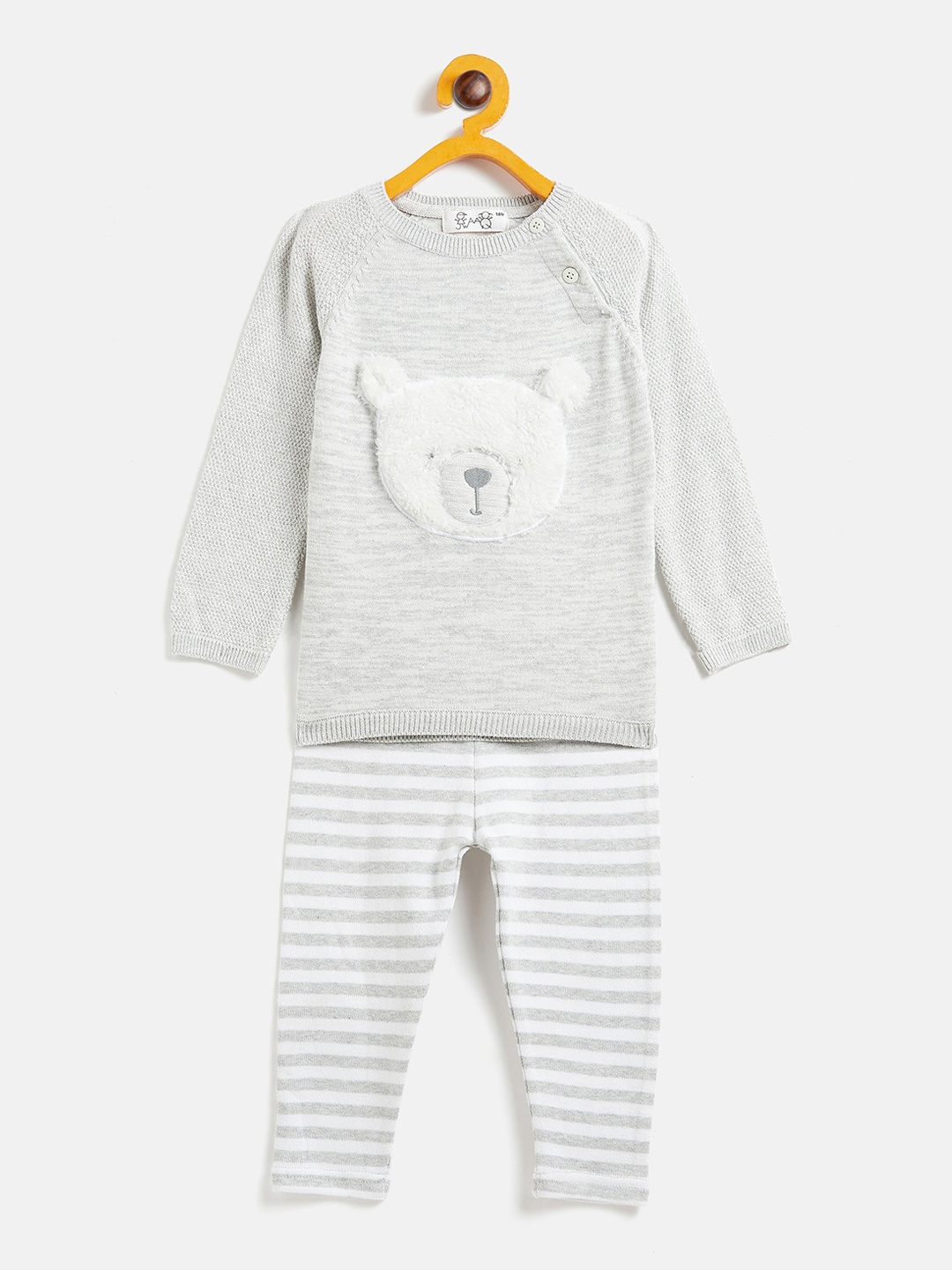 

JWAAQ Kids Grey Melange & White Printed Pure Cotton Top with Pyjamas