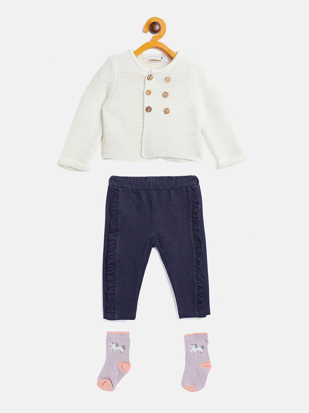 

JWAAQ Girls Off-White & Blue Pure Cotton Winter Top With Trousers & Socks