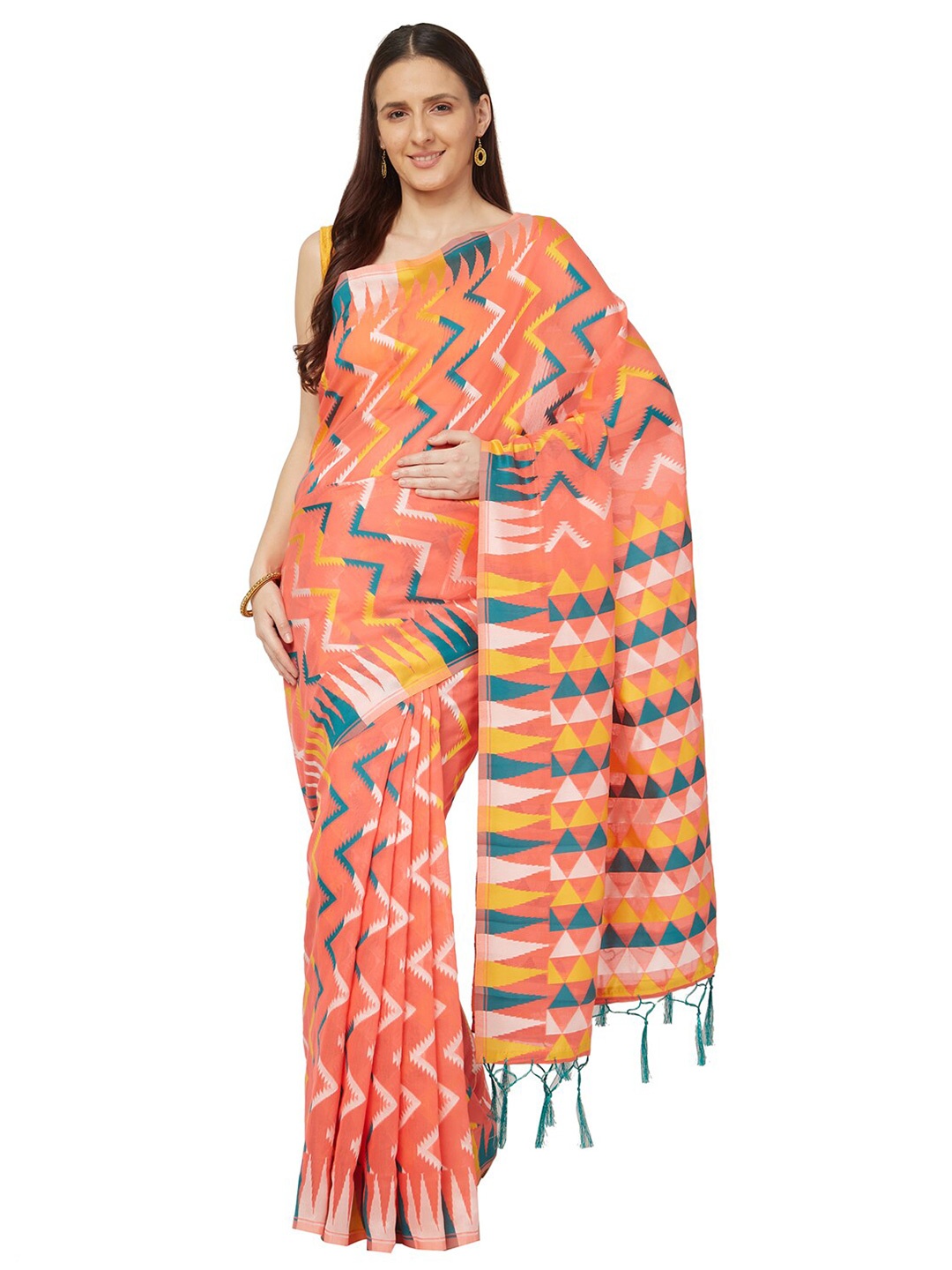 

Varkala Silk Sarees Peach-Coloured & Cream-Coloured Jamdani Saree