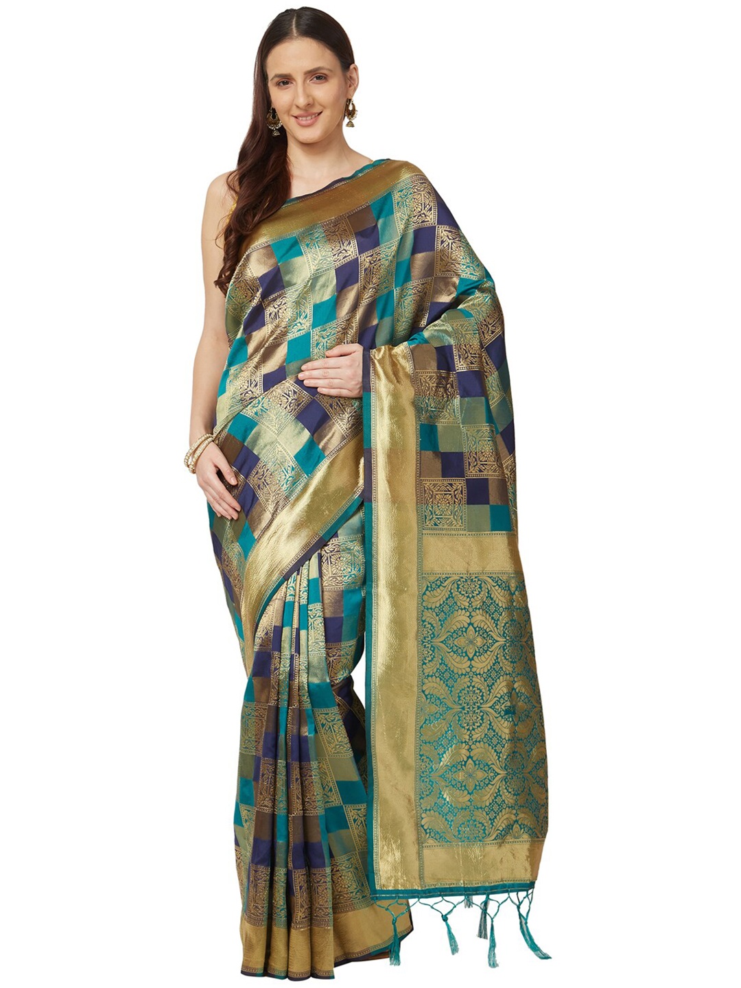 

Varkala Silk Sarees Teal & Gold-Toned Checked Zari Art Silk Kanjeevaram Saree