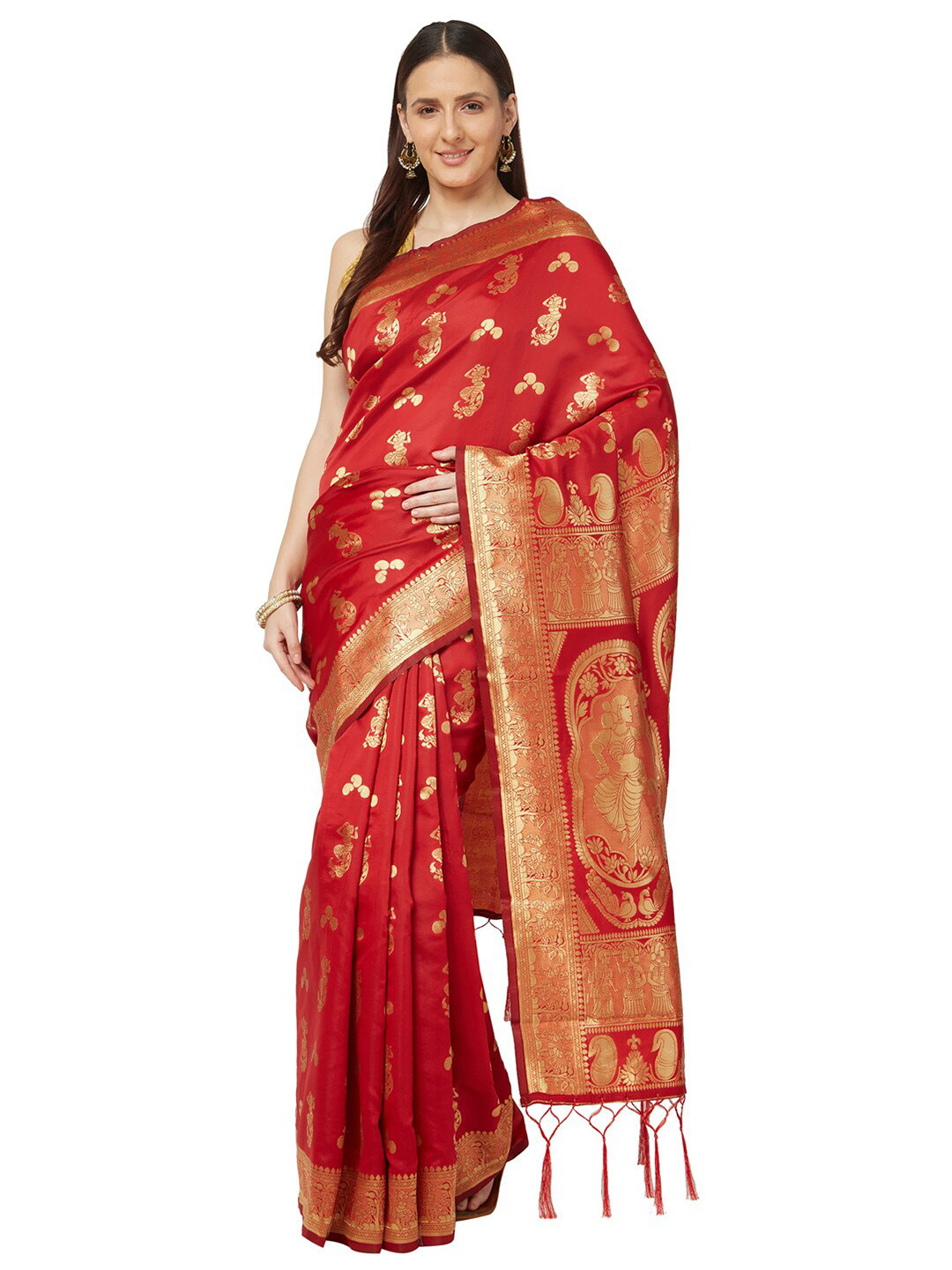 

Varkala Silk Sarees Red & Gold-Toned Ethnic Motifs Zari Art Silk Banarasi Saree