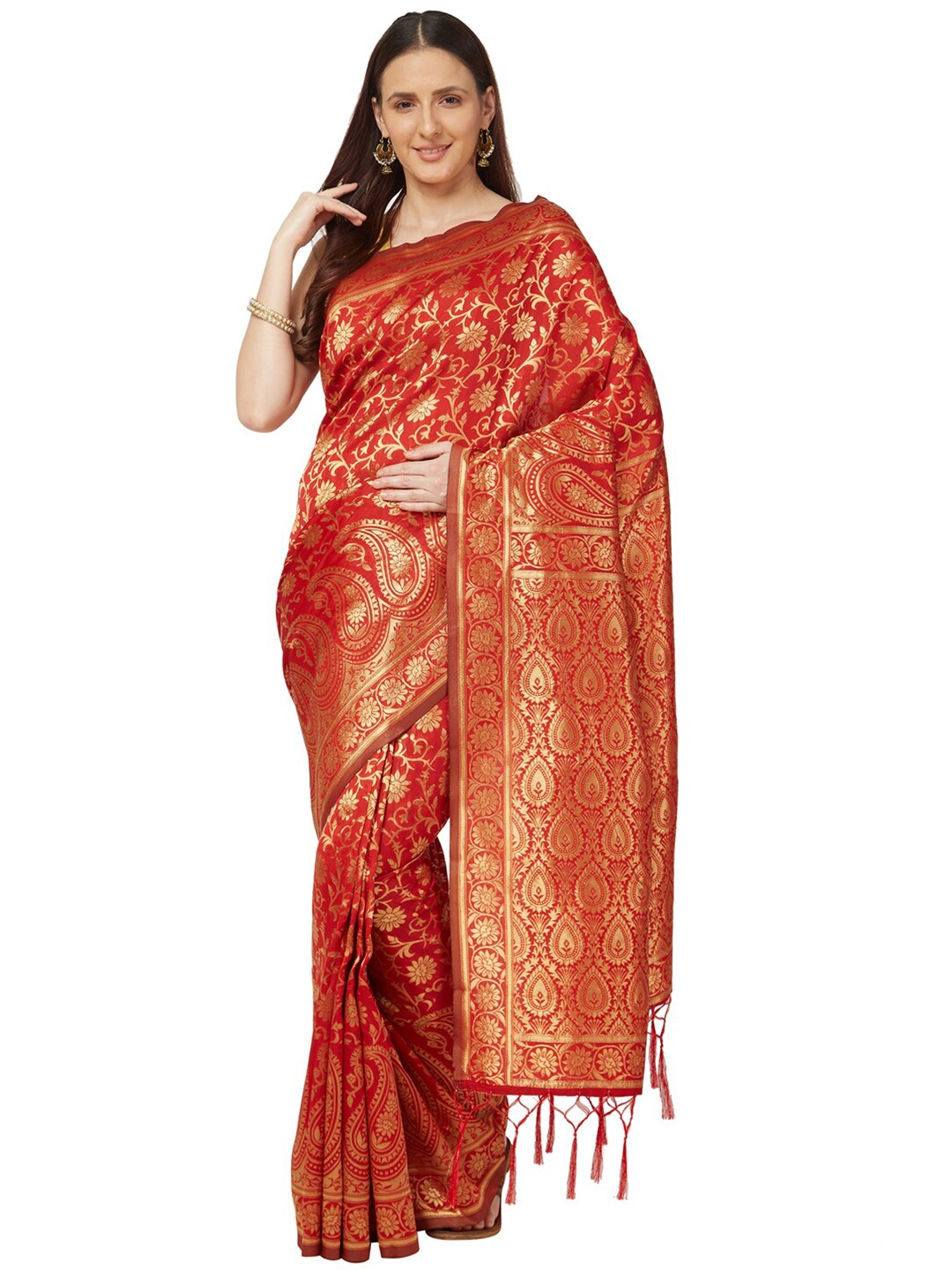 

Varkala Silk Sarees Red & Gold-Toned Floral Zari Art Silk Banarasi Saree