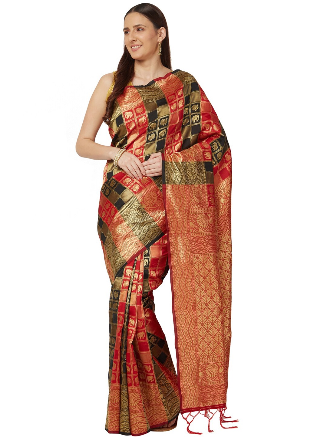 

Varkala Silk Sarees Red & Black Checked Zari Art Silk Kanjeevaram Saree