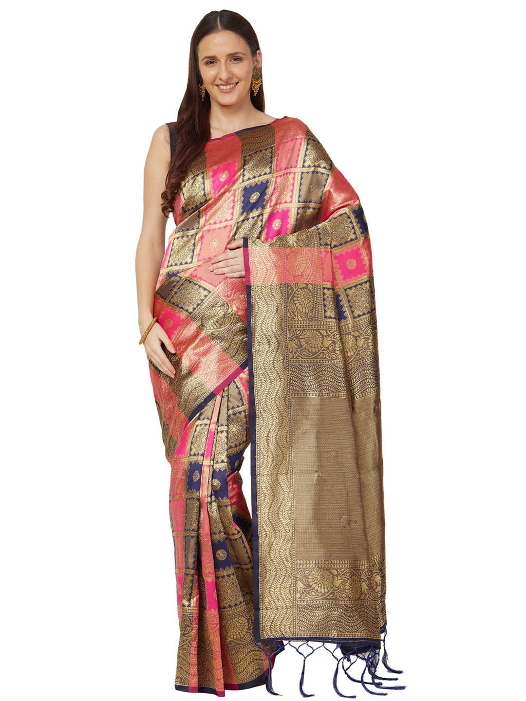 

Varkala Silk Sarees Pink & Gold-Toned Woven Design Zari Art Silk Kanjeevaram Saree