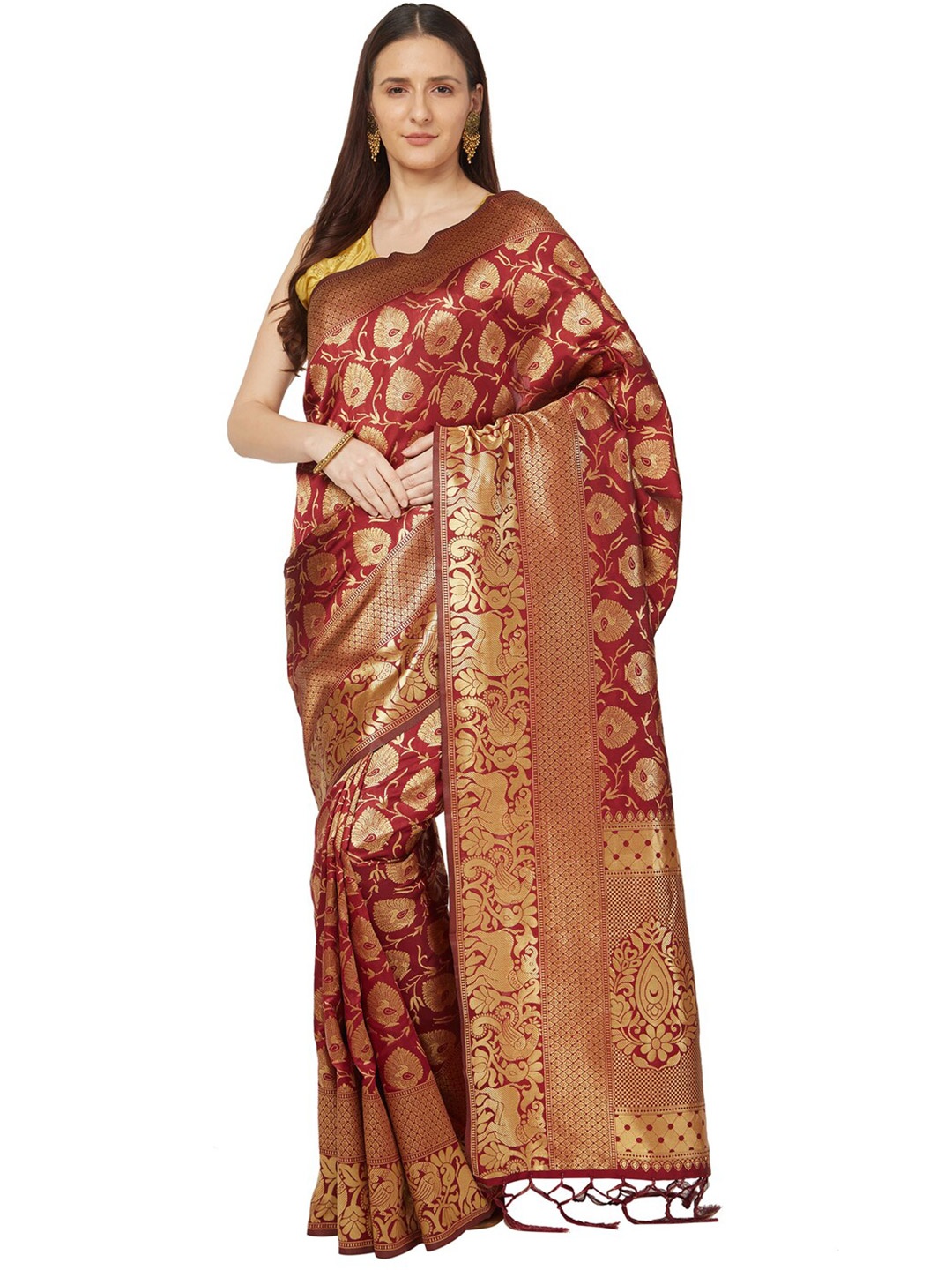 

Varkala Silk Sarees Red & Gold-Toned Paisley Zari Art Silk Heavy Work Banarasi Saree