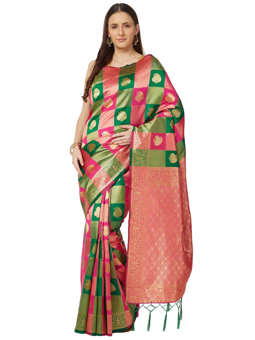 

Varkala Silk Sarees Pink & Green Checked Zari Art Silk Kanjeevaram Saree