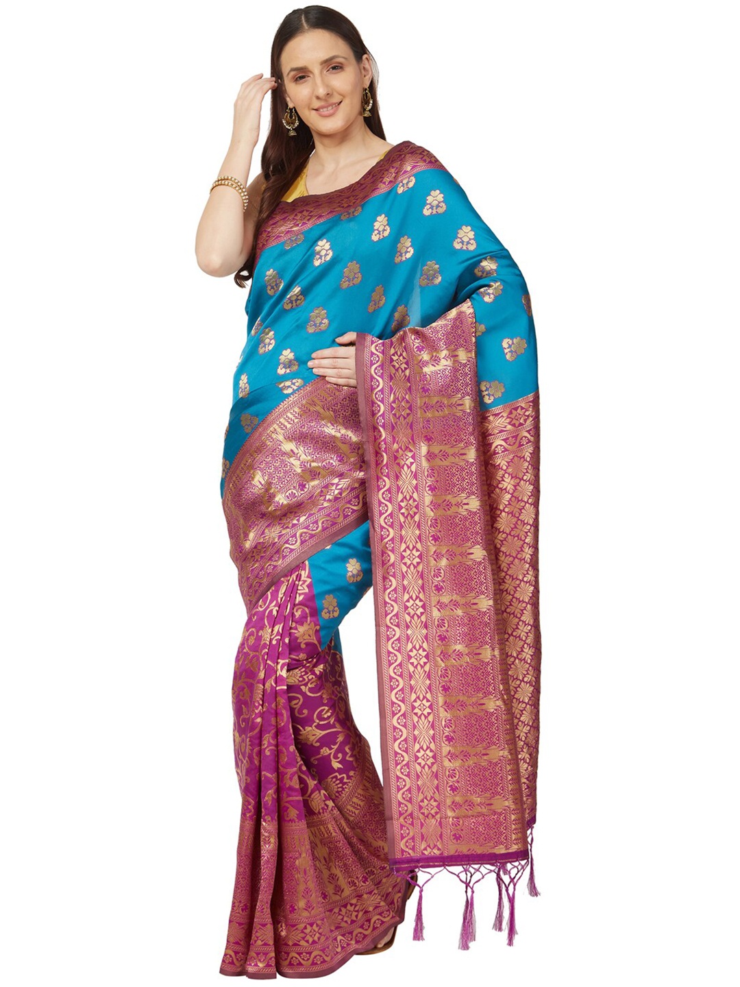 

Varkala Silk Sarees Turquoise Blue & Purple Floral Zari Art Silk Banarasi Saree