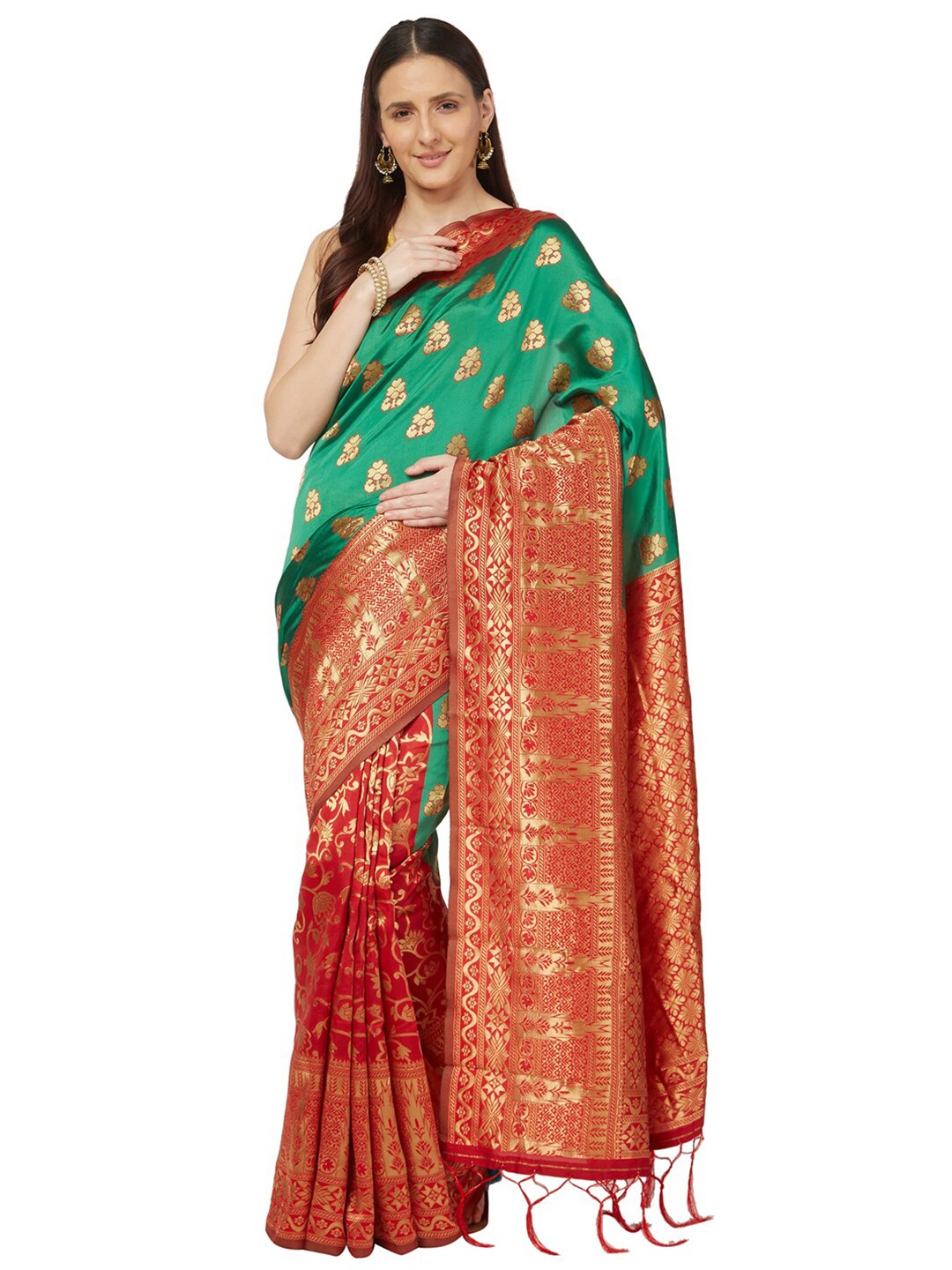 

Varkala Silk Sarees Green & Red Woven Design Zari Art Silk Banarasi Saree