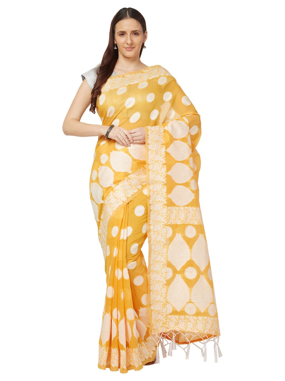 

Varkala Silk Sarees Yellow & White Floral Jamdani Saree