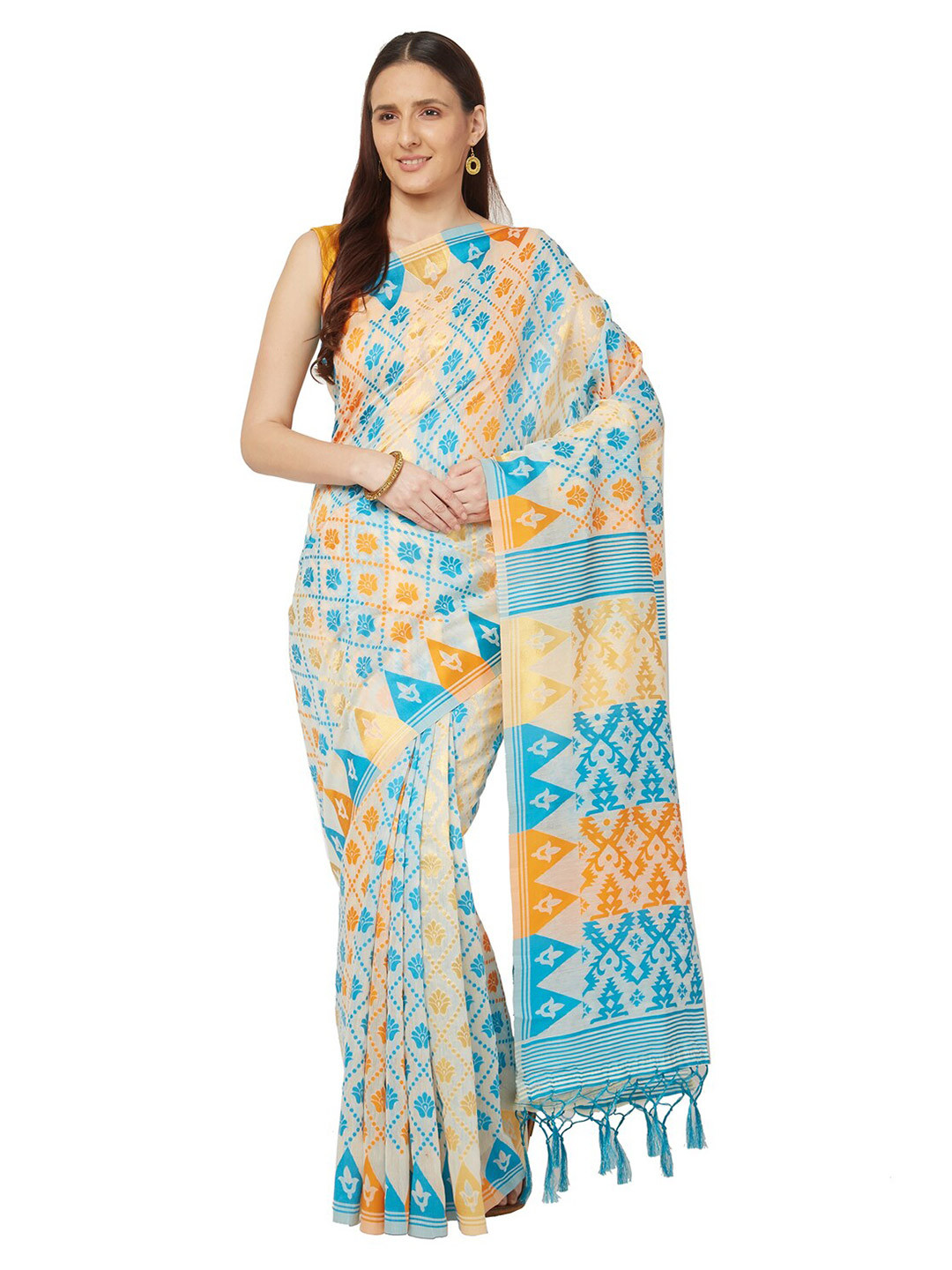 

Varkala Silk Sarees Cream-Coloured & Blue Jamdani Saree