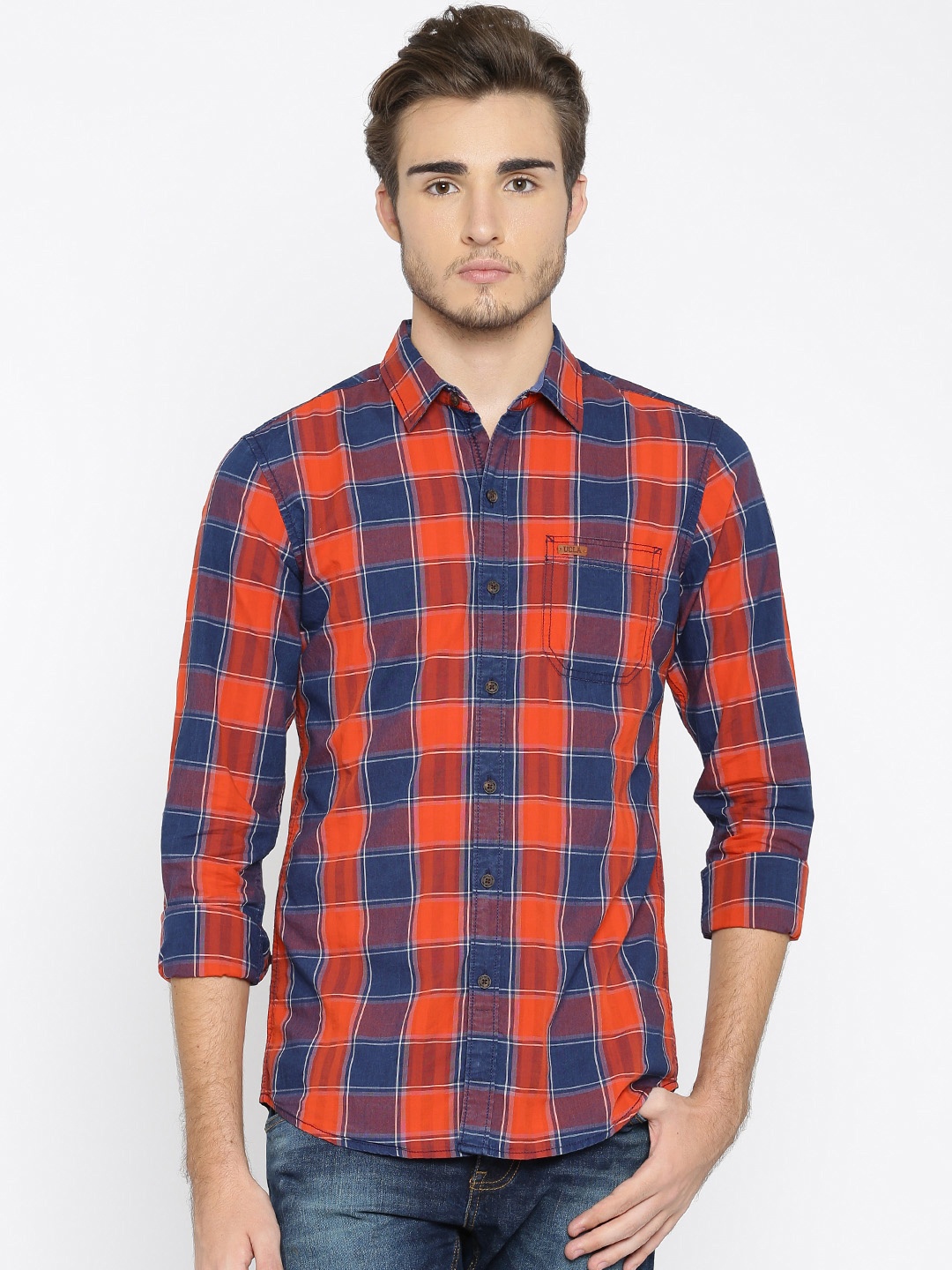 

UCLA Men Orange & Navy Checked Casual Shirt