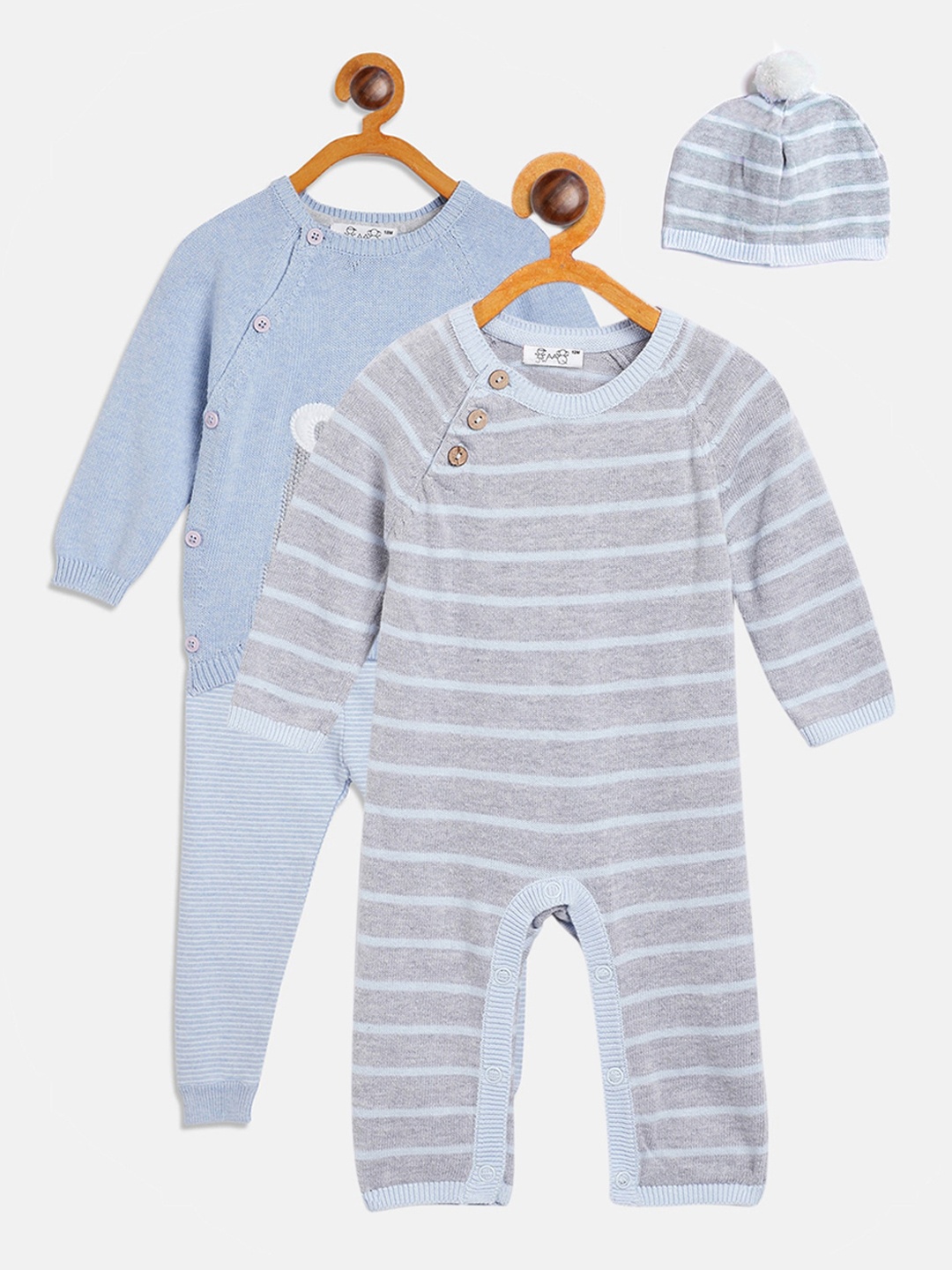 

JWAAQ Infant Boys Pack of 4 Blue & Grey Striped Baby Apparel Gift Set