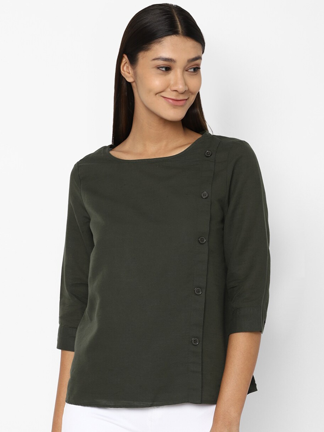 

Allen Solly Woman Olive Green Solid Linen Top