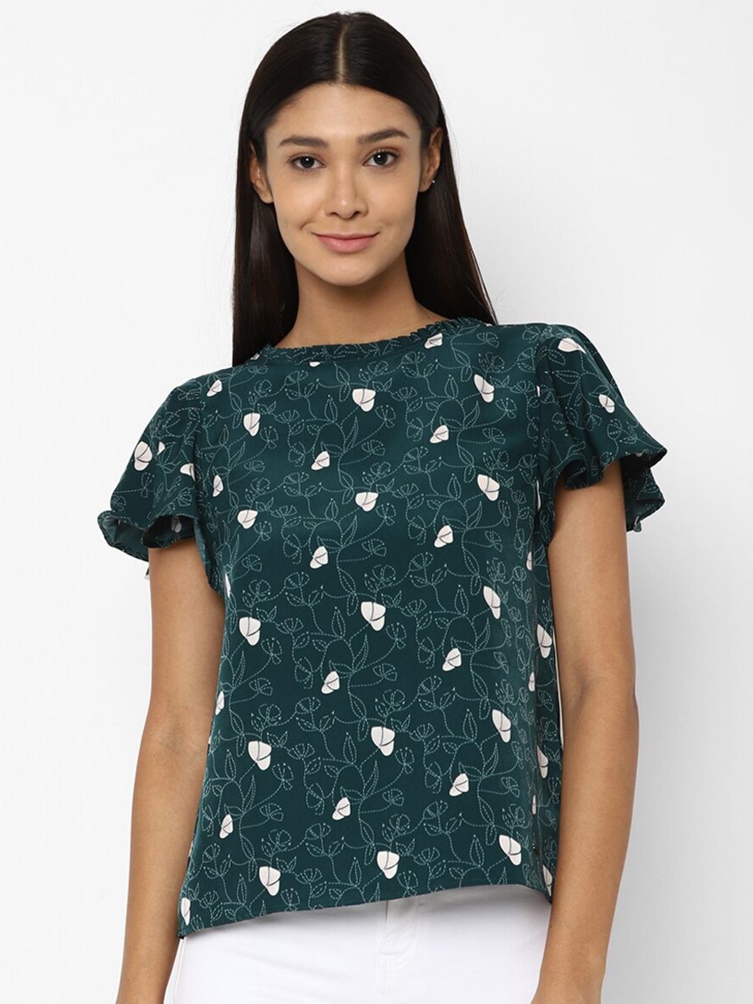 

Allen Solly Woman Green & gunmetal Floral Print Top