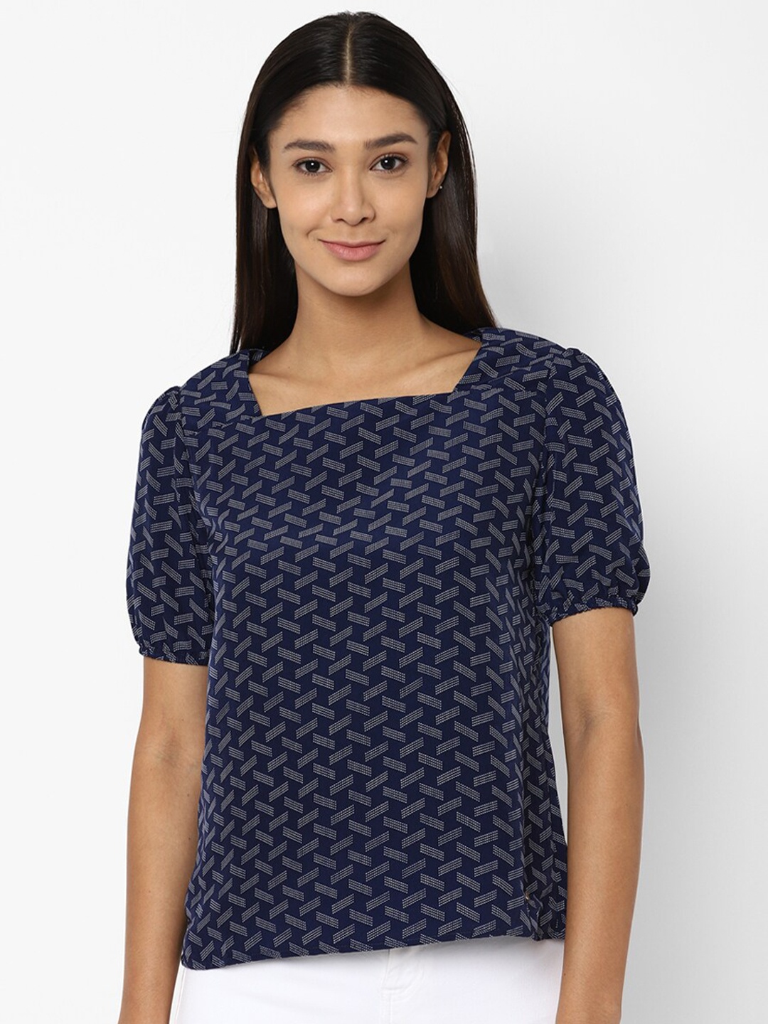 

Allen Solly Woman Navy Blue & dark sapphire Geometric Print Top