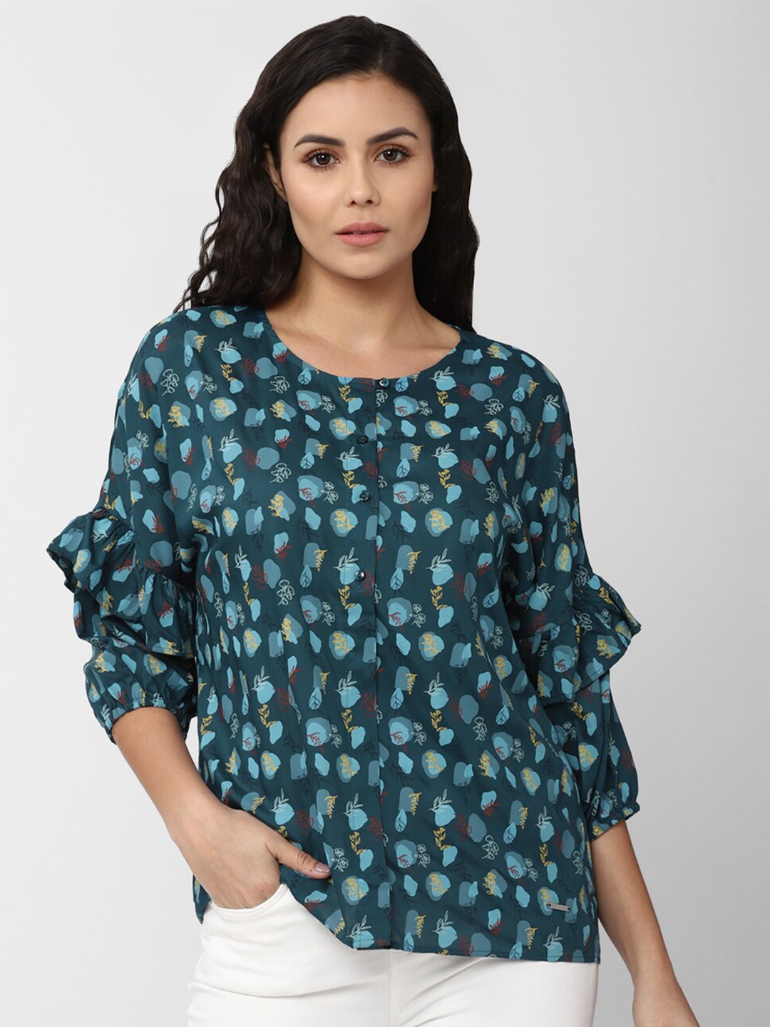 

Van Heusen Woman Blue & gunmetal Floral Print Top
