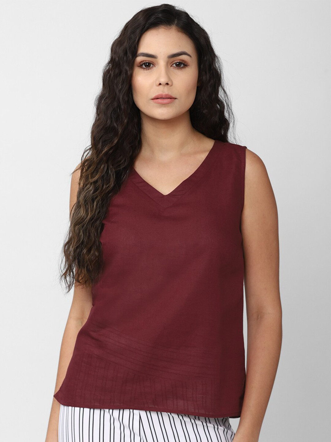 

Van Heusen Woman Maroon Solid V-Neck Cotton Linen Top
