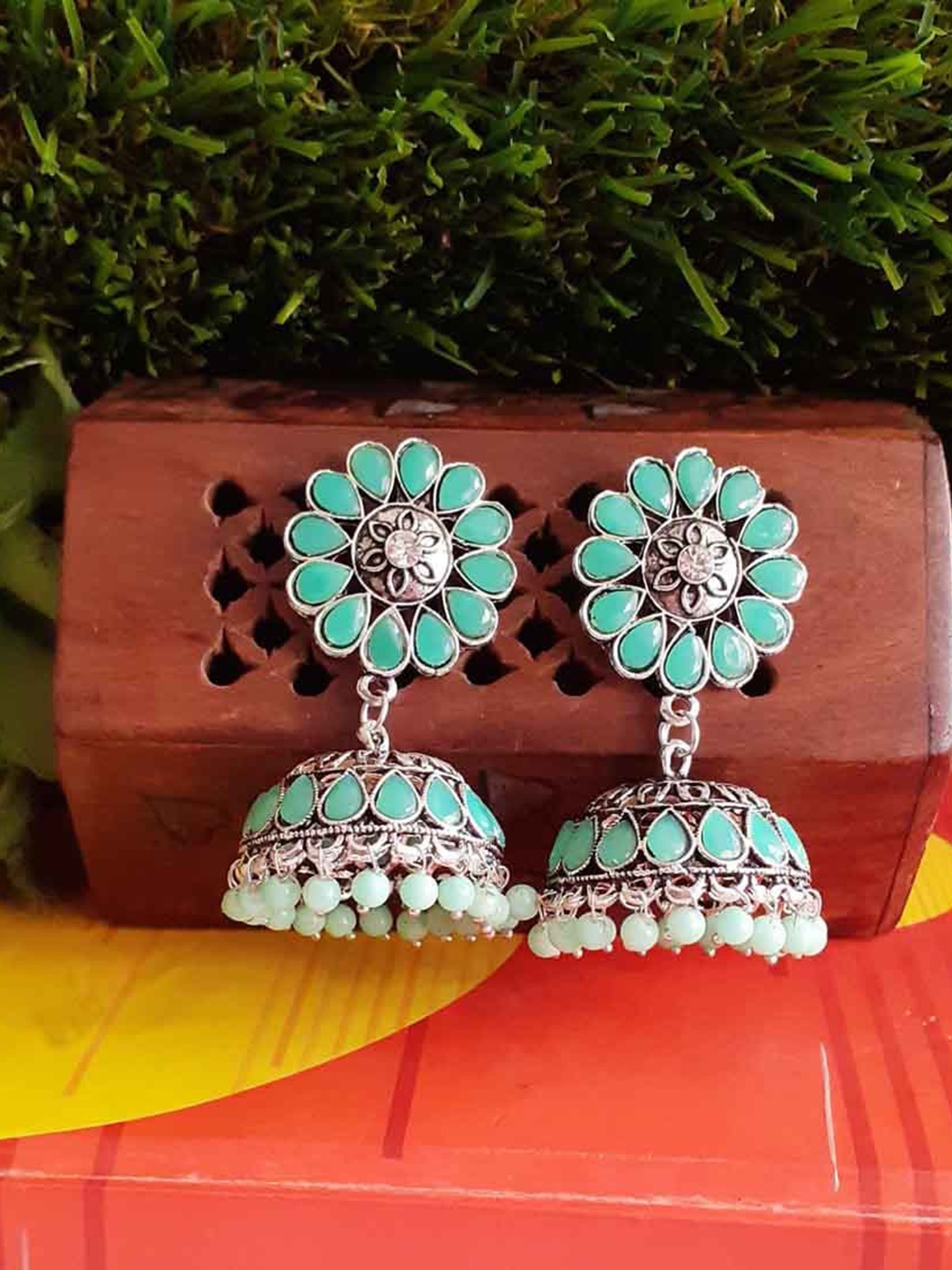 

RICH AND FAMOUS Green Contemporary Jhumkas Earrings