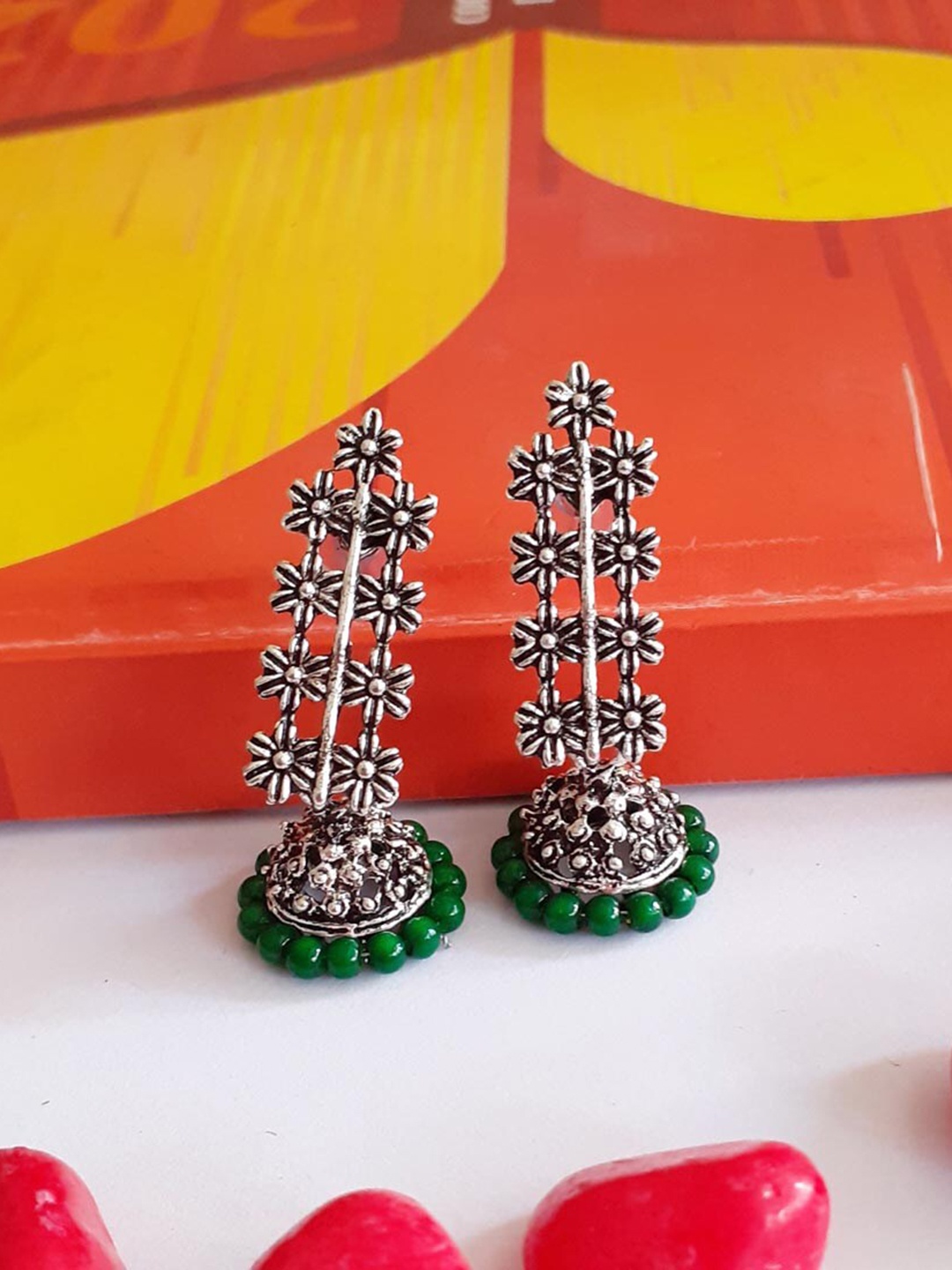 

RICH AND FAMOUS Green Contemporary Jhumkas Earrings