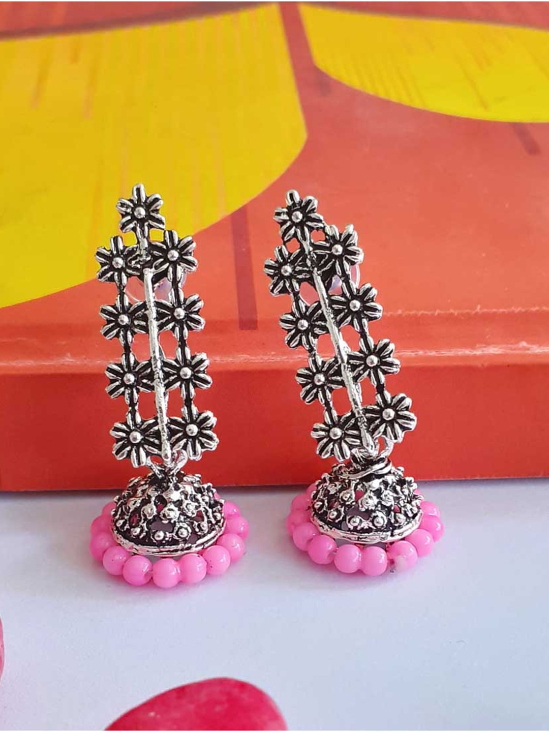 

RICH AND FAMOUS Pink Contemporary Jhumkas Earrings
